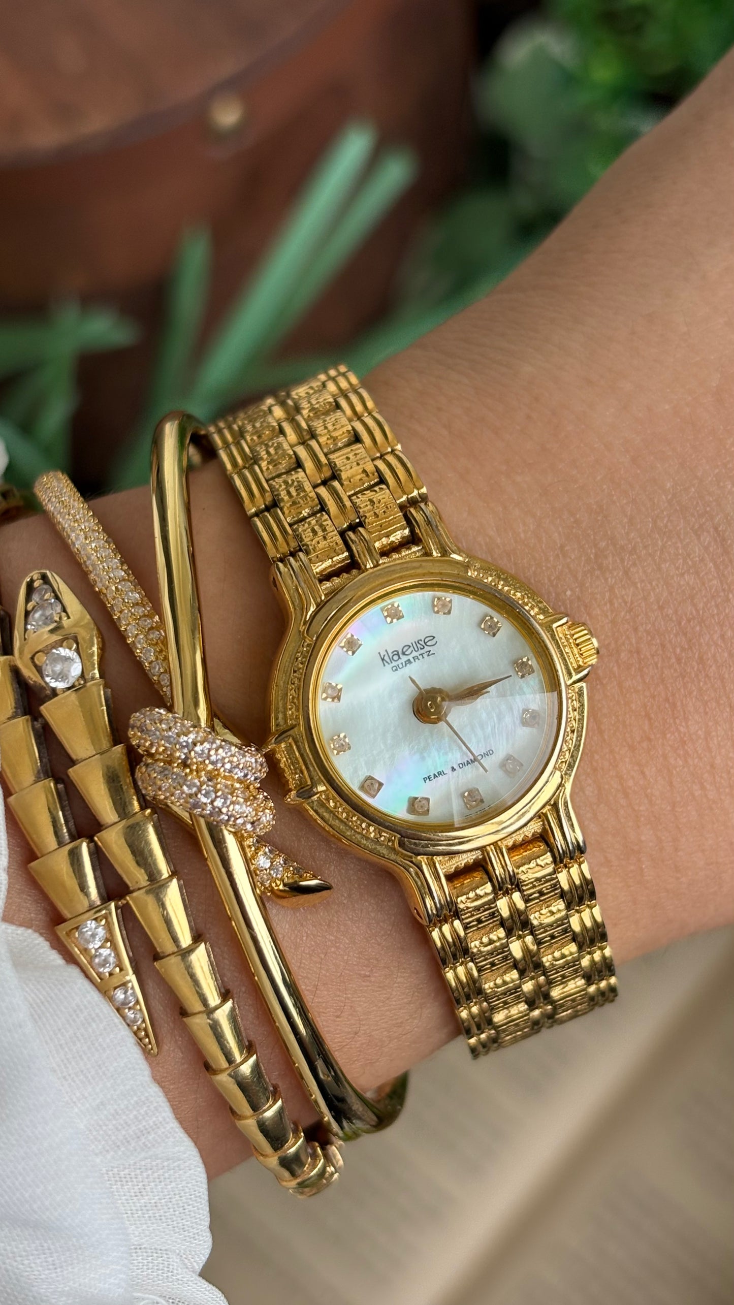 Vintage Klaeuse Watch in Gold Tone Mother of Pearl Dial with 12 Genuine Diamonds