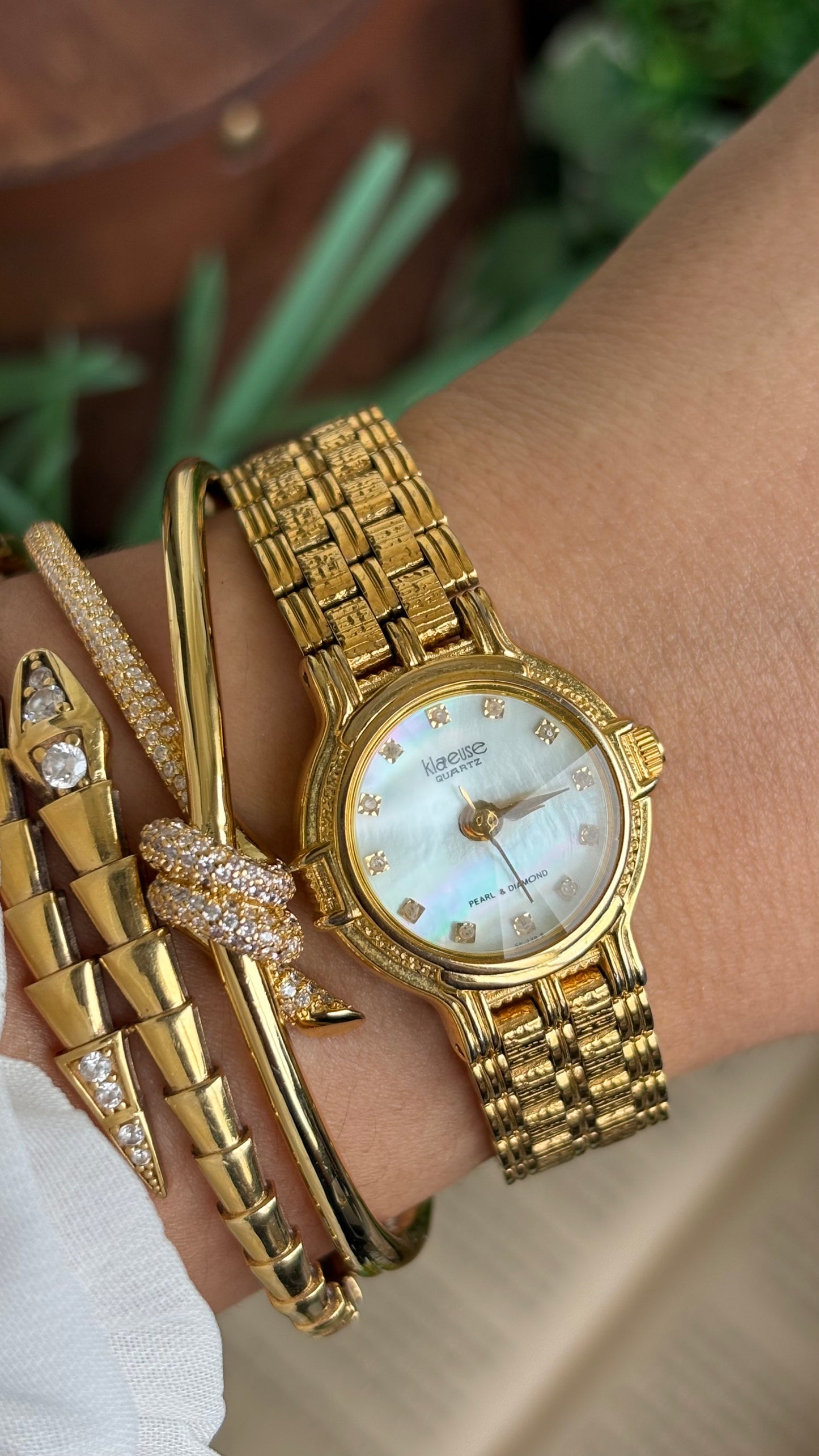 Vintage Klaeuse Watch in Gold Tone Mother of Pearl Dial with 12 Genuine Diamonds
