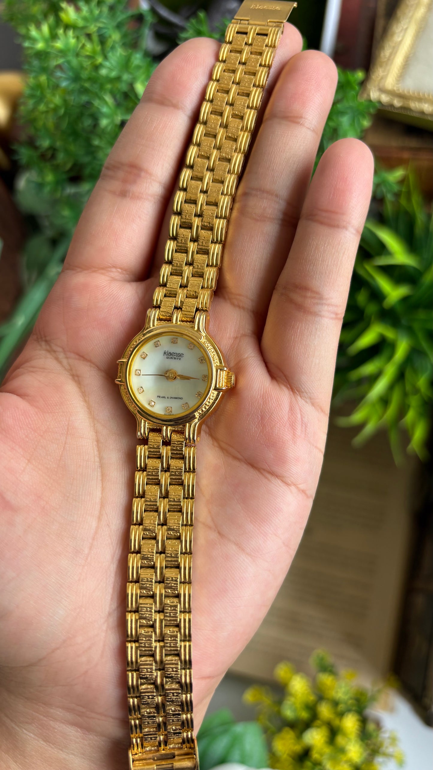 Vintage Klaeuse Watch in Gold Tone Mother of Pearl Dial with 12 Genuine Diamonds