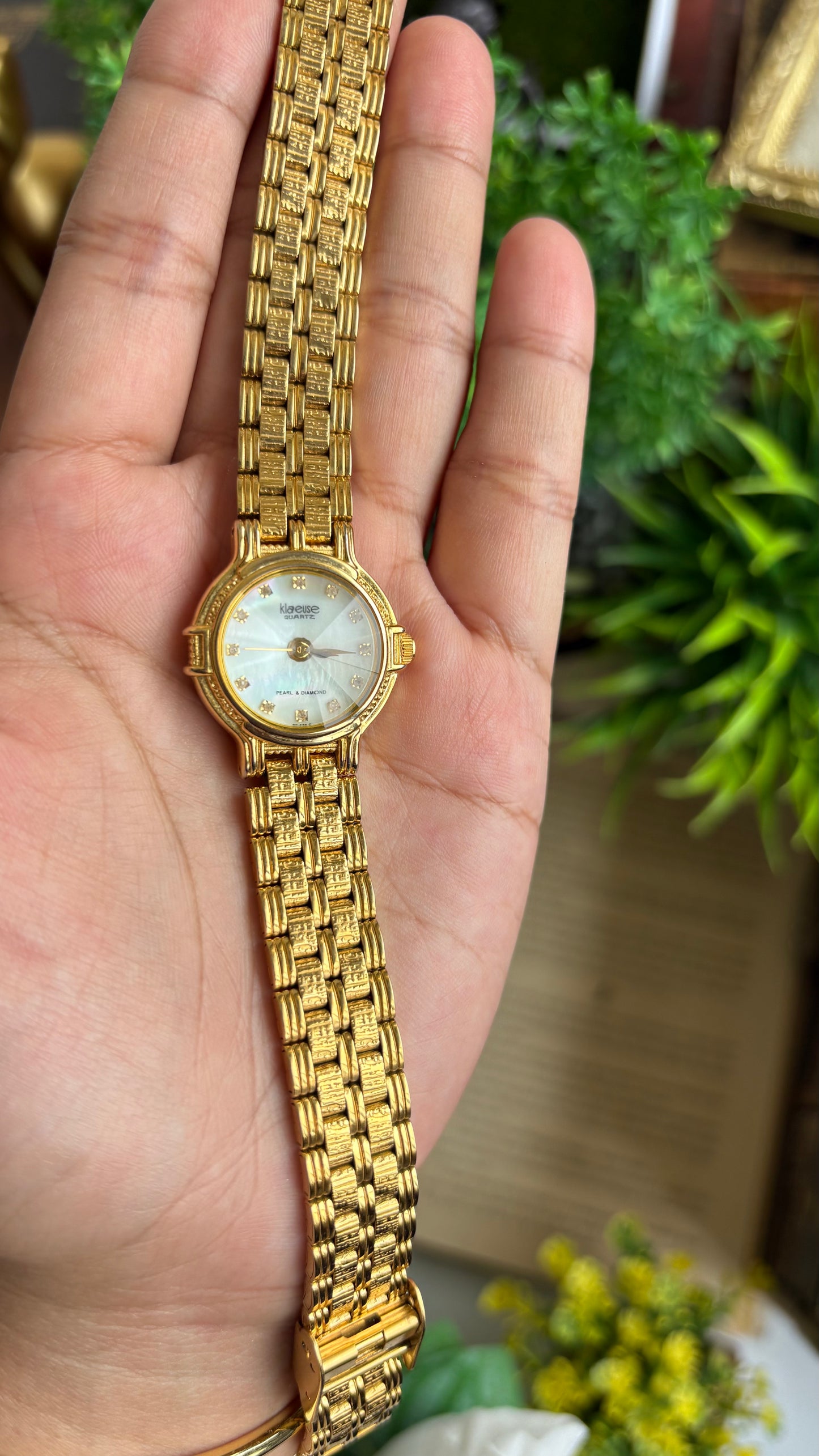 Vintage Klaeuse Watch in Gold Tone Mother of Pearl Dial with 12 Genuine Diamonds