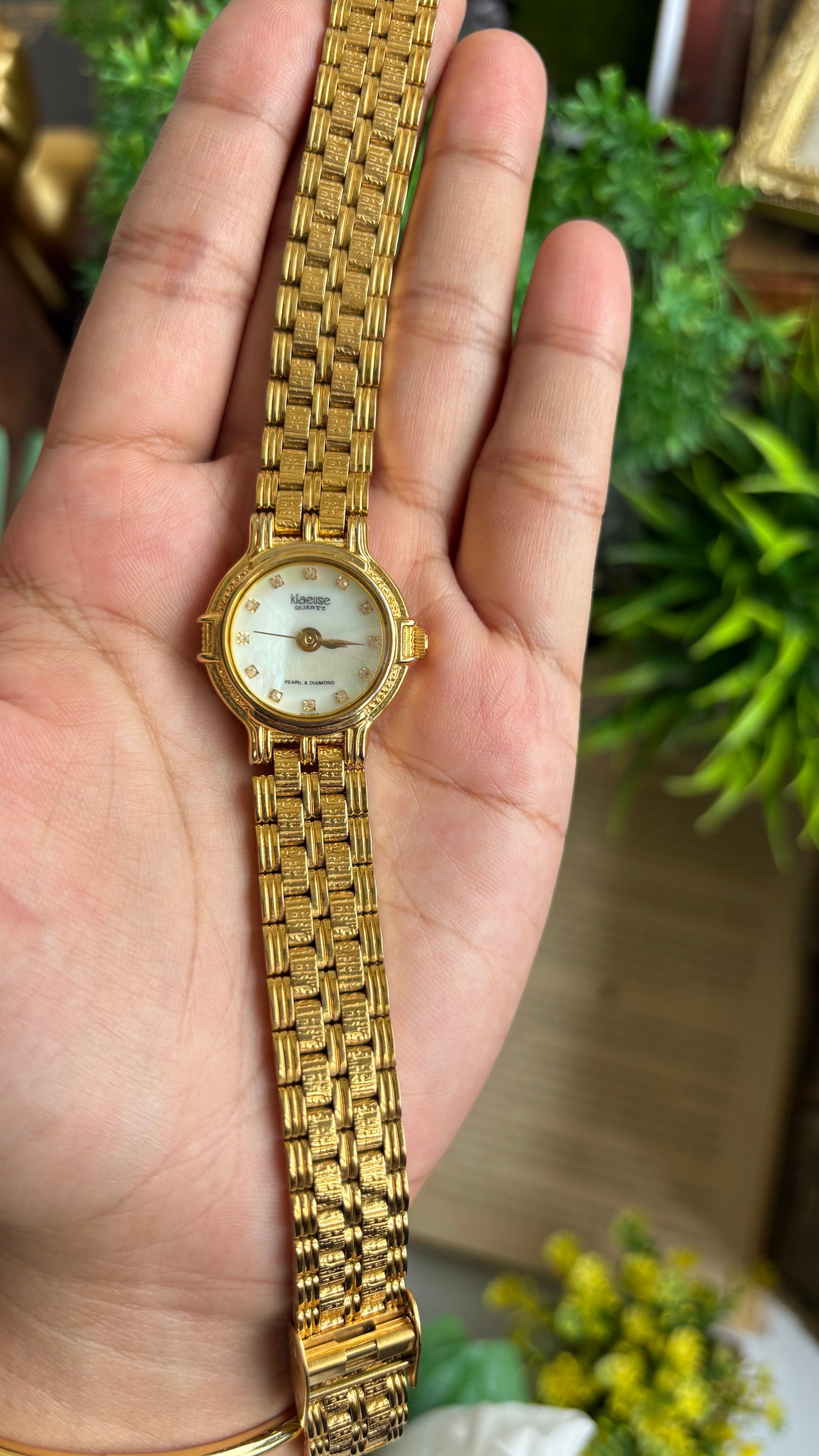 Vintage Klaeuse Watch in Gold Tone Mother of Pearl Dial with 12 Genuine Diamonds