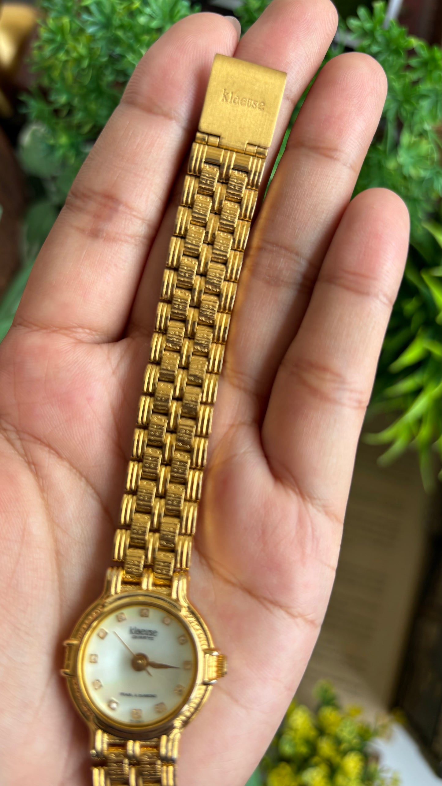 Vintage Klaeuse Watch in Gold Tone Mother of Pearl Dial with 12 Genuine Diamonds