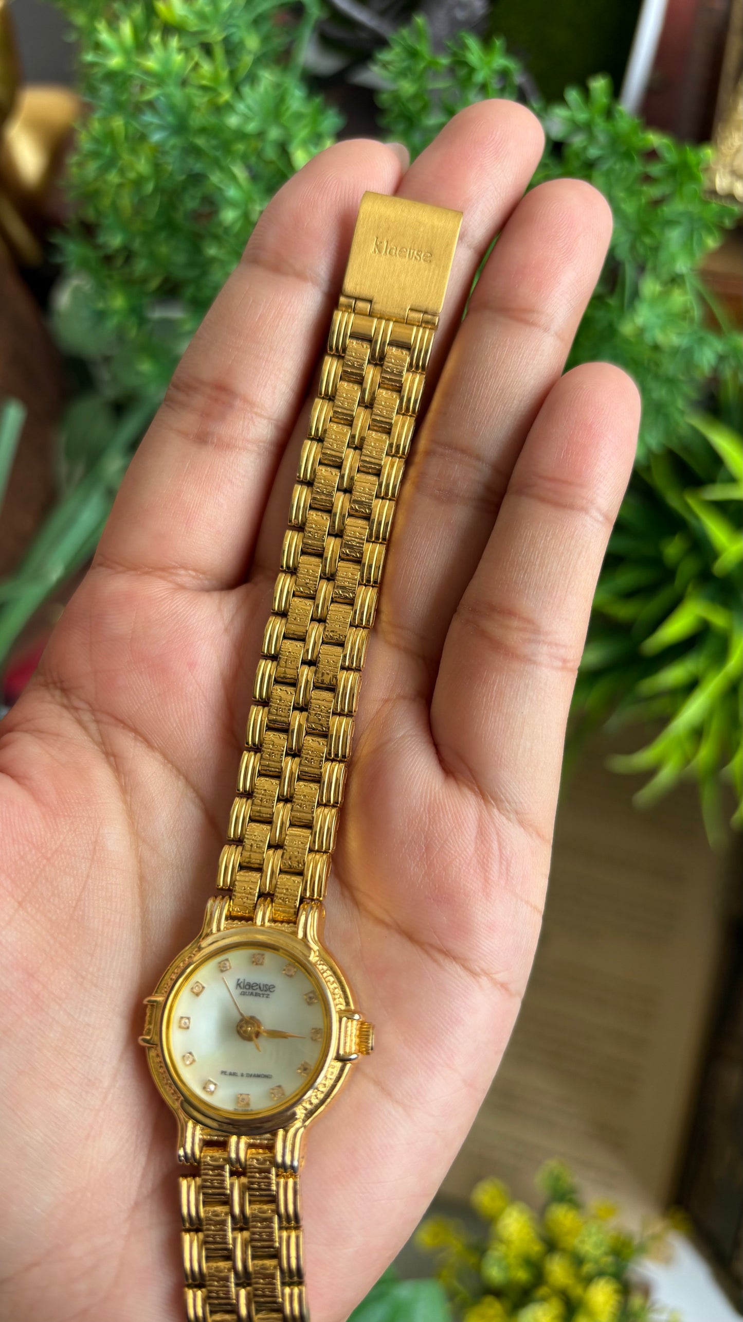 Vintage Klaeuse Watch in Gold Tone Mother of Pearl Dial with 12 Genuine Diamonds