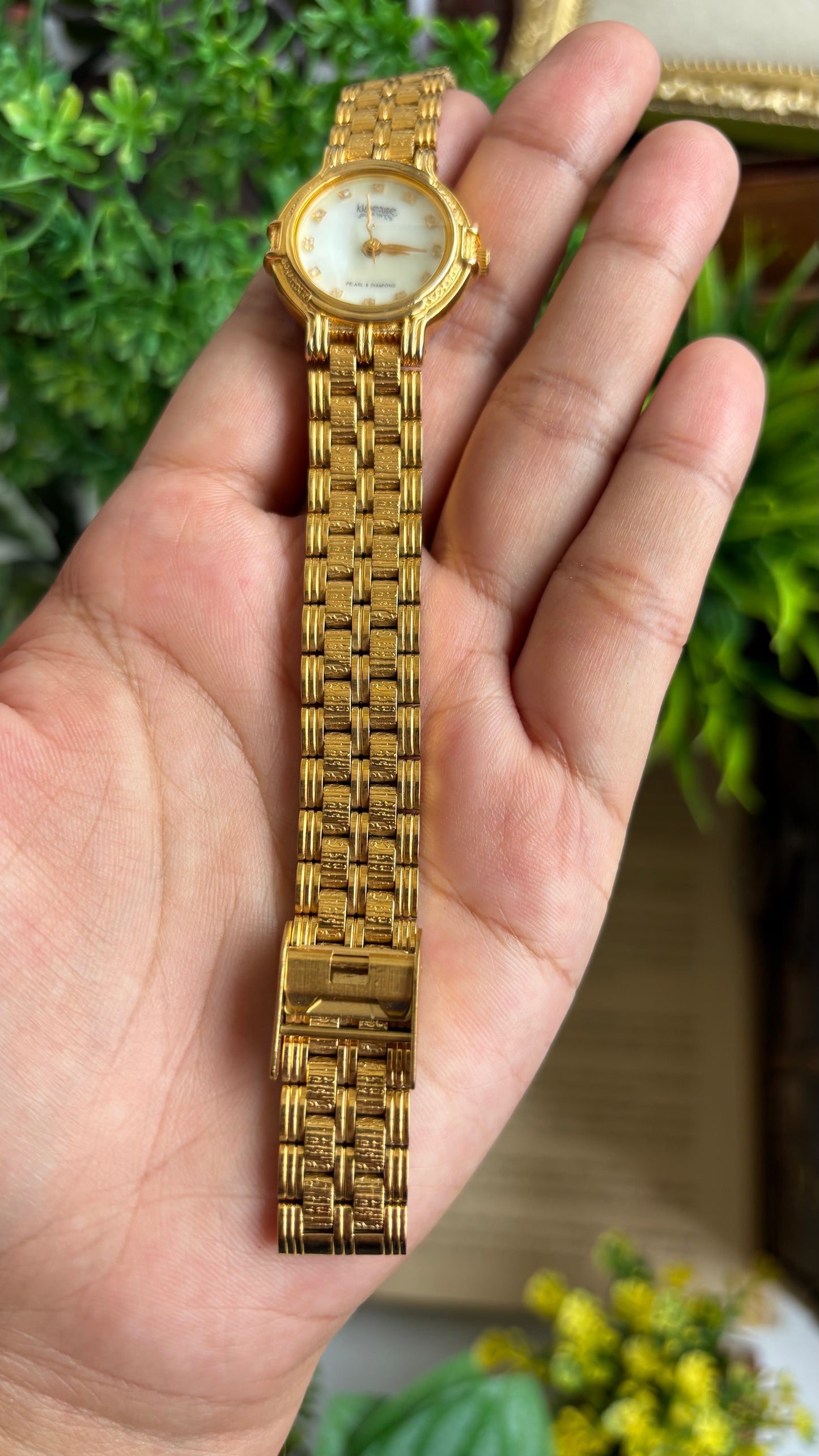 Vintage Klaeuse Watch in Gold Tone Mother of Pearl Dial with 12 Genuine Diamonds