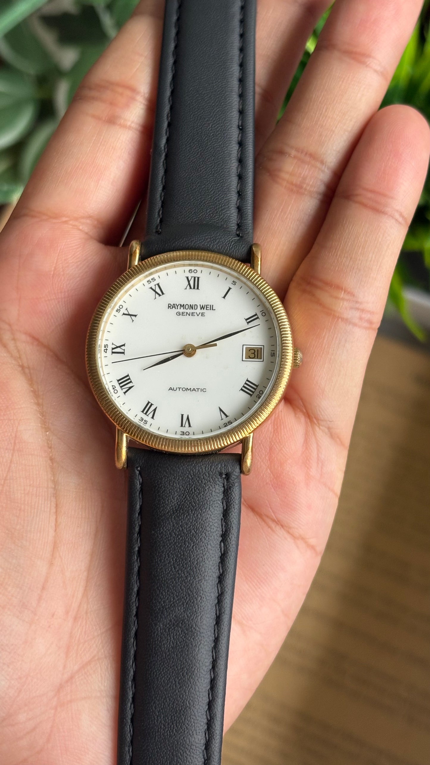 Vintage Raymond Weil Automatic Men’s Dress Watch in Leather Strap Roman Dial with Date Just