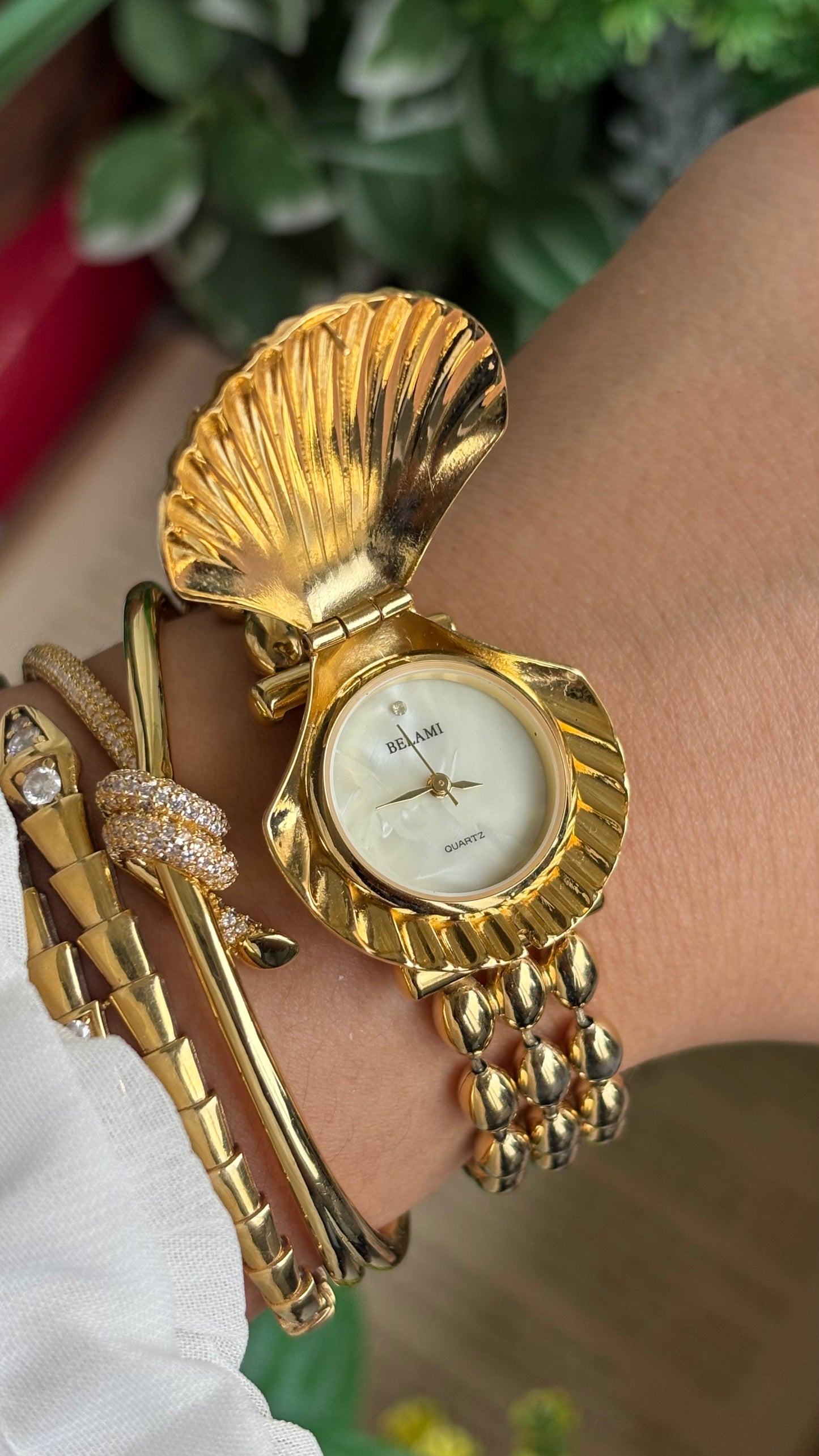 Extremely Rare Vintage Belami Shell Peekaboo Watch in Gold Tone Pearl Dial