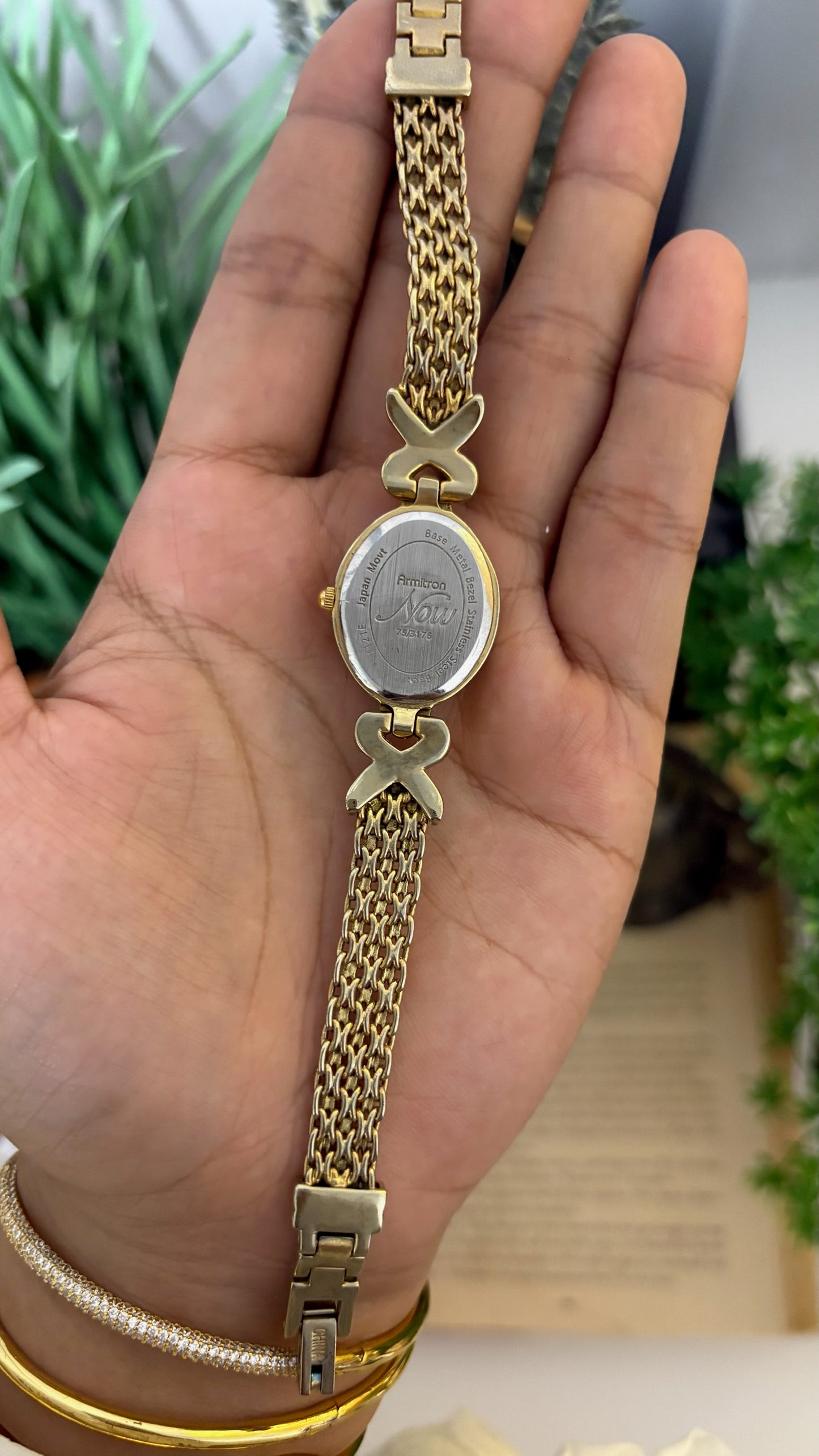 Vintage Armitron Now Oval Crystal X Link Watch with Intricate Mesh Strap in Gold Tone Quartz
