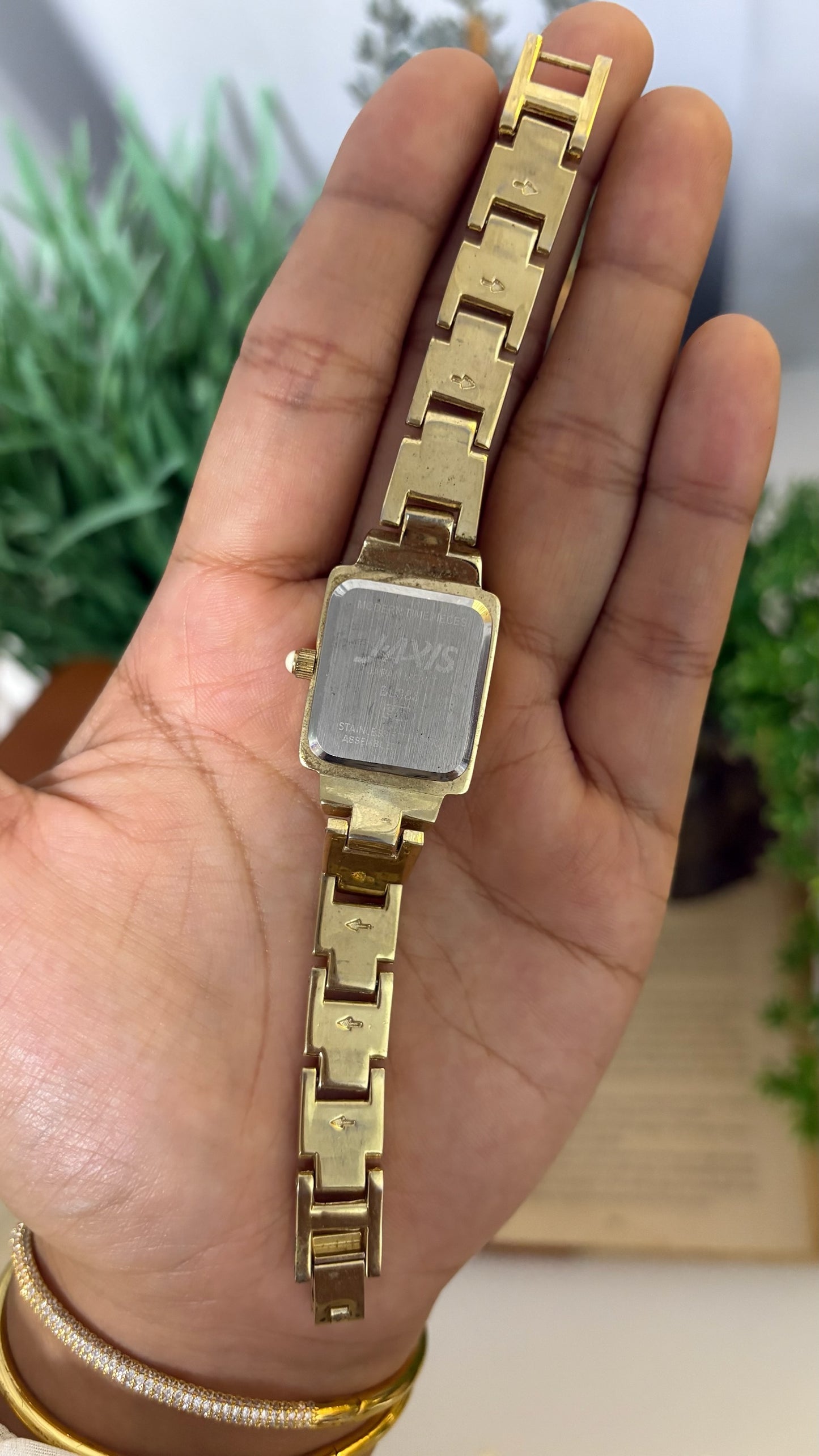 Vintage Lamue Tank Crystal Bezel Watch with White Ceramic Panels in Gold Tone Quartz