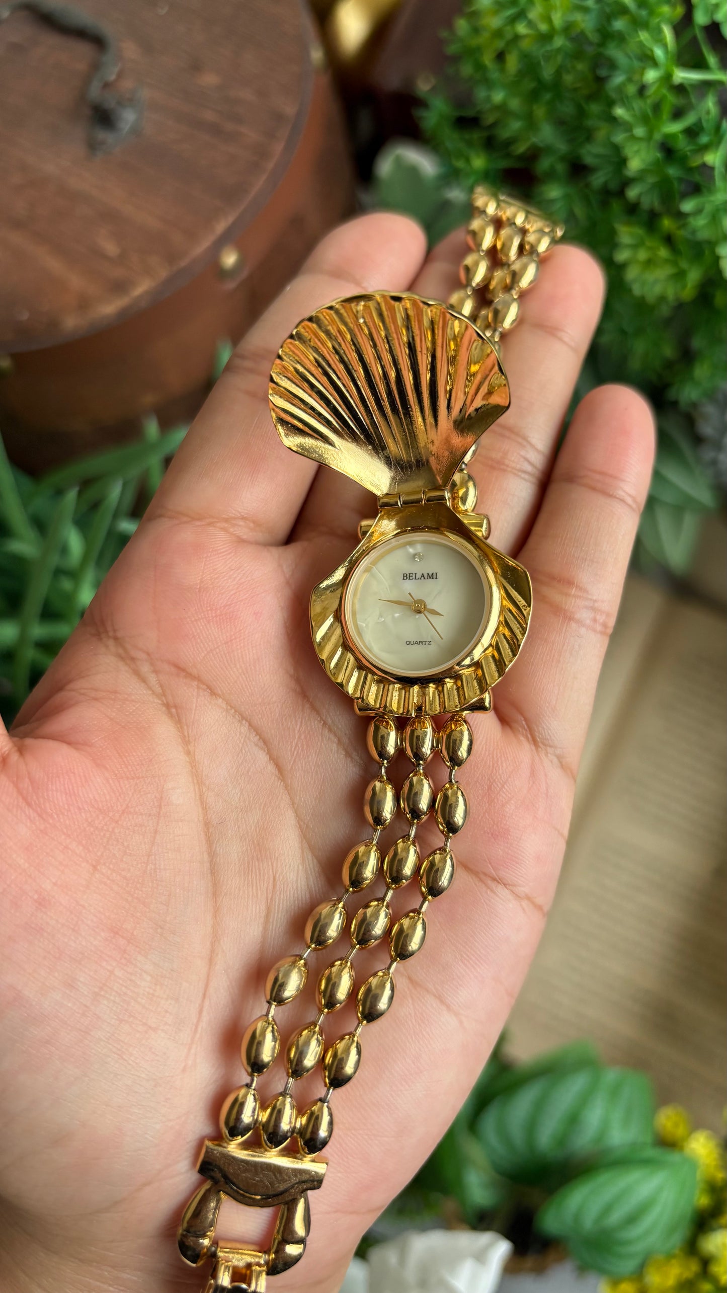 Extremely Rare Vintage Belami Shell Peekaboo Watch in Gold Tone Pearl Dial