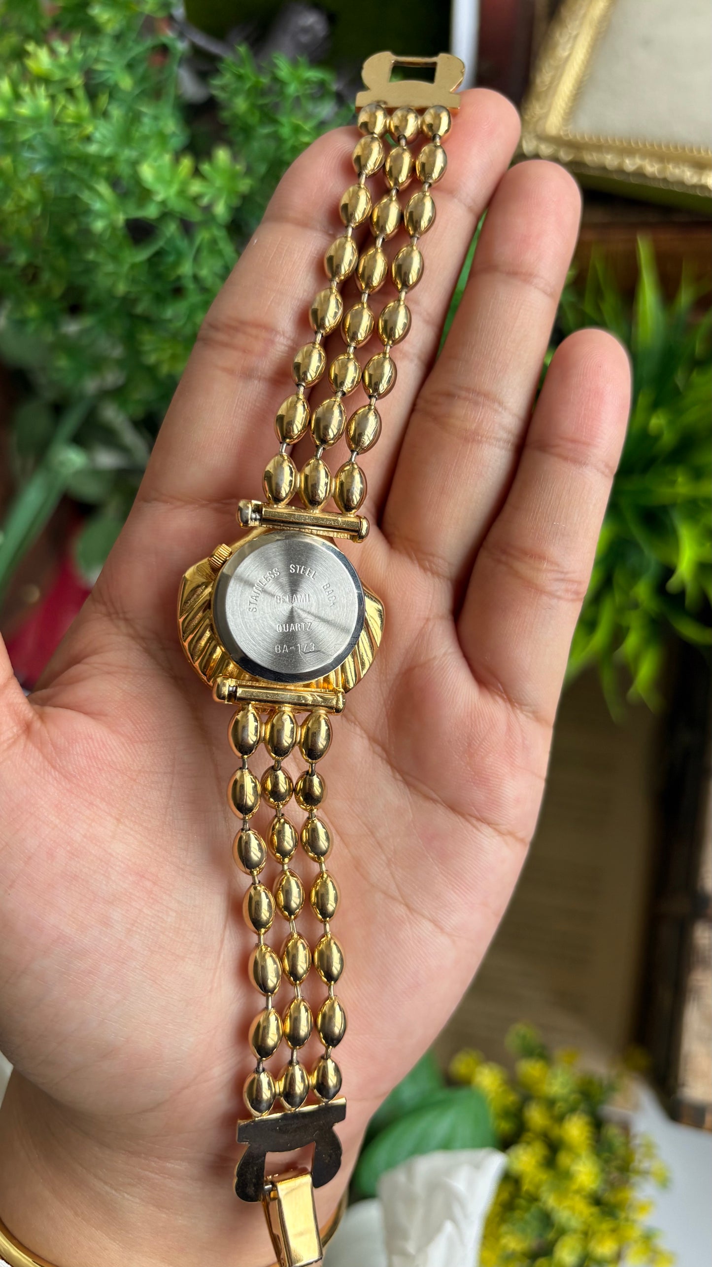 Extremely Rare Vintage Belami Shell Peekaboo Watch in Gold Tone Pearl Dial