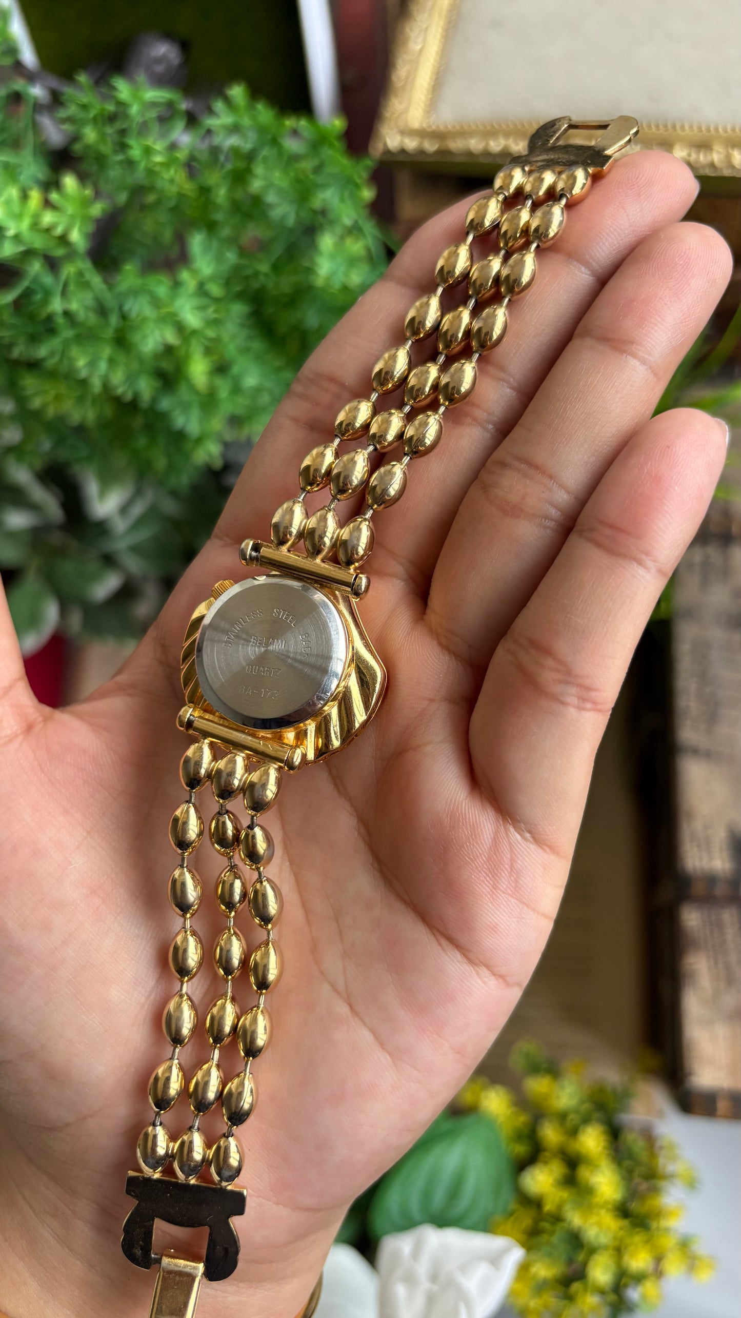 Extremely Rare Vintage Belami Shell Peekaboo Watch in Gold Tone Pearl Dial