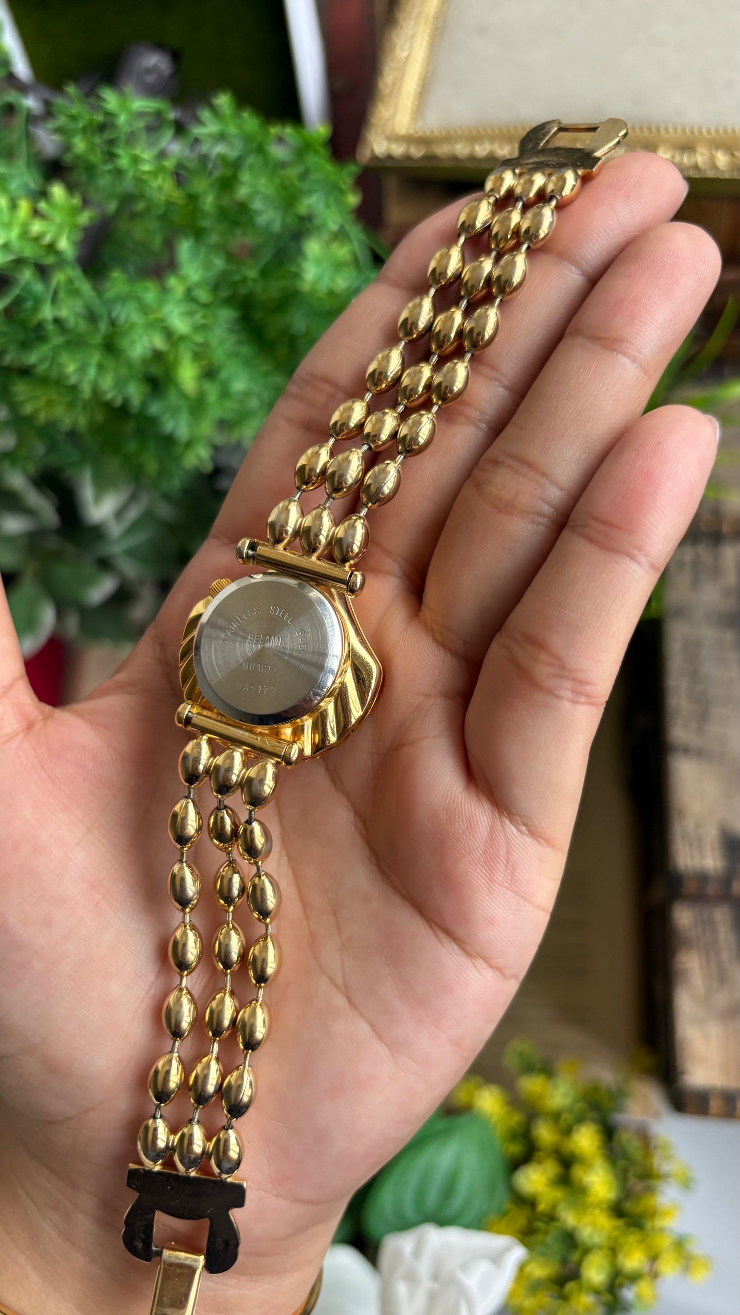Extremely Rare Vintage Belami Shell Peekaboo Watch in Gold Tone Pearl Dial
