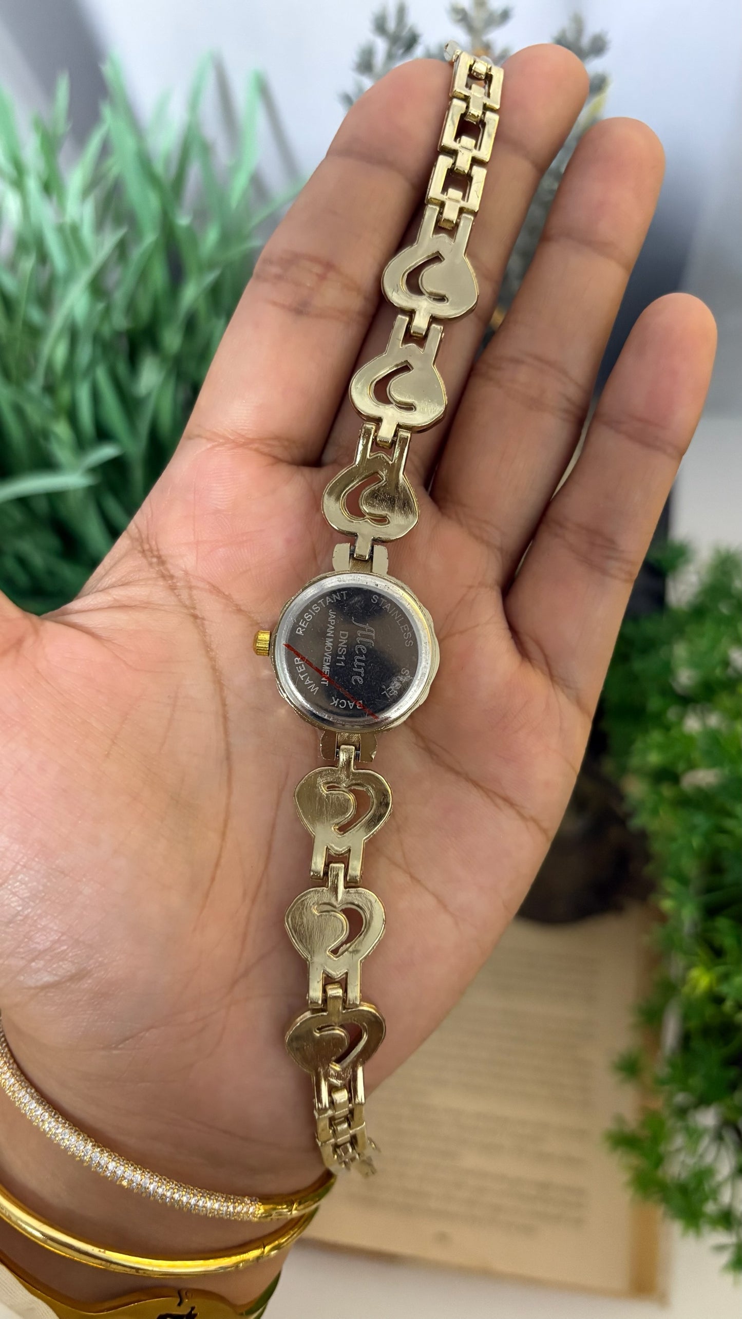 Vintage Fleure Crystal Bezel Watch with Enameled Heart Links in Gold Tone Quartz
