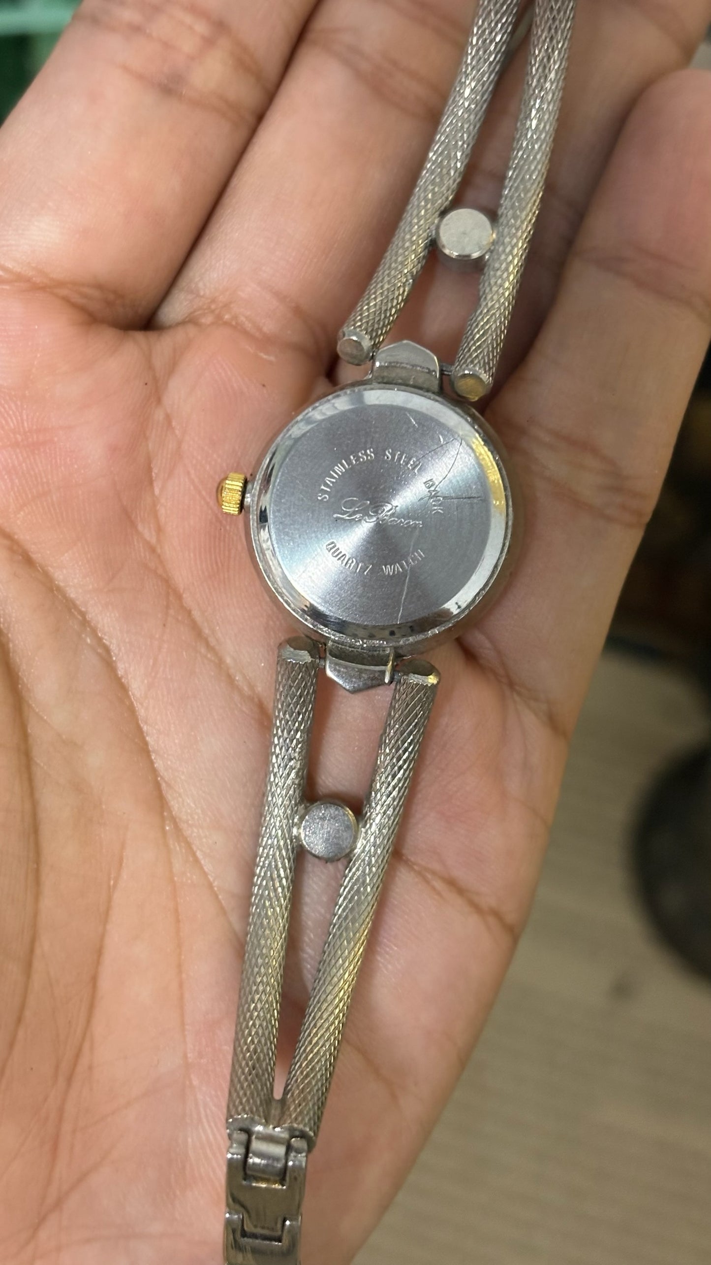 Vintage Dixième Half Crystal Bezel Watch with Textured Open-Yoke Strap in Silver Tone Quartz