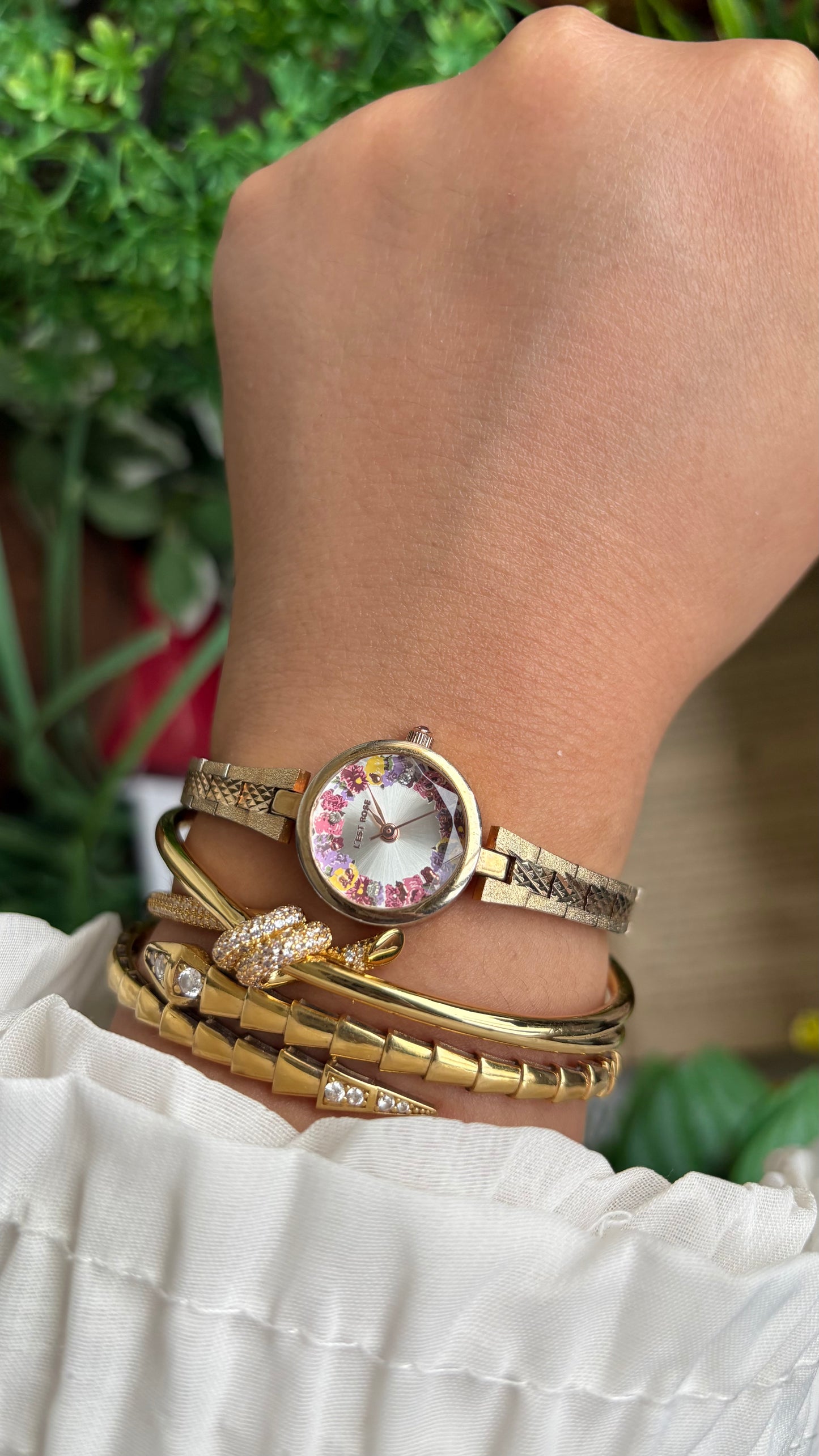 Vintage L'est Rose Watch in Gold Tone Flower Painted Dial