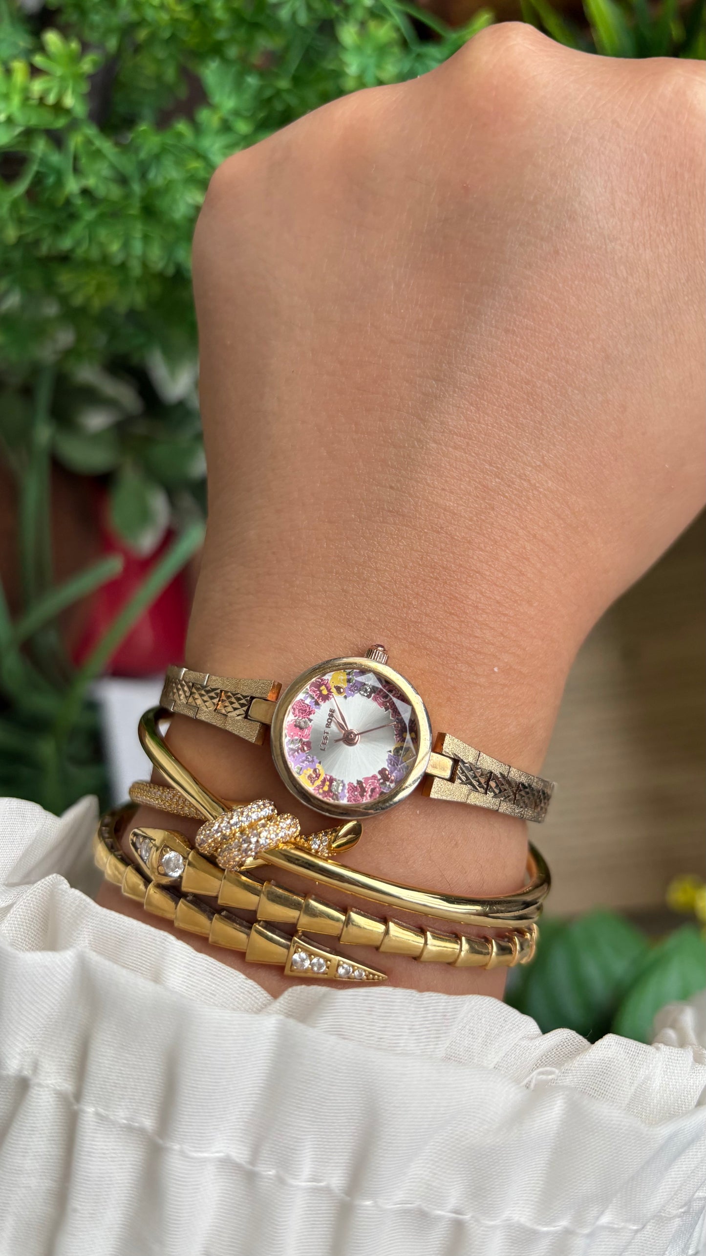 Vintage L'est Rose Watch in Gold Tone Flower Painted Dial