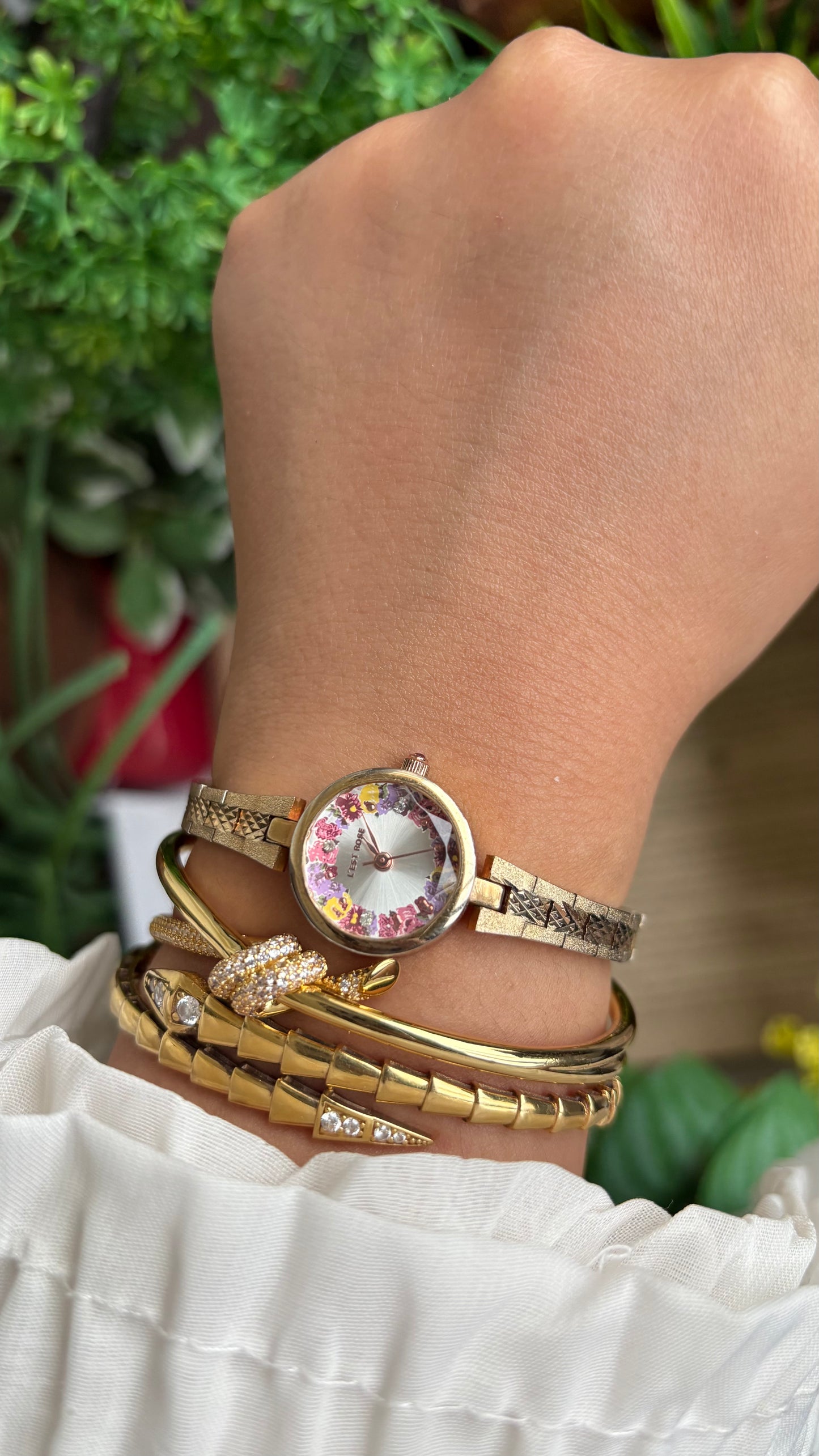 Vintage L'est Rose Watch in Gold Tone Flower Painted Dial