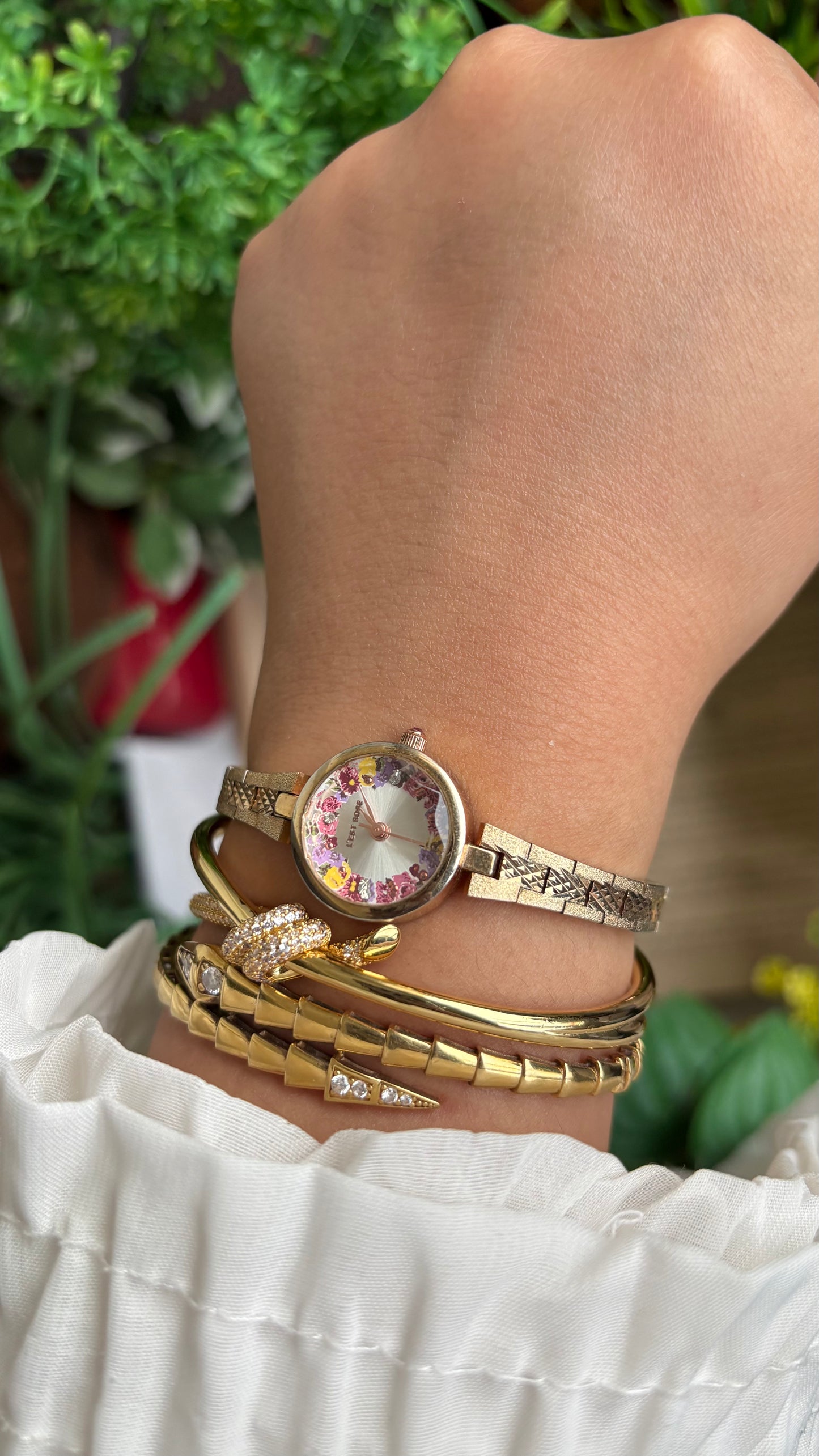 Vintage L'est Rose Watch in Gold Tone Flower Painted Dial