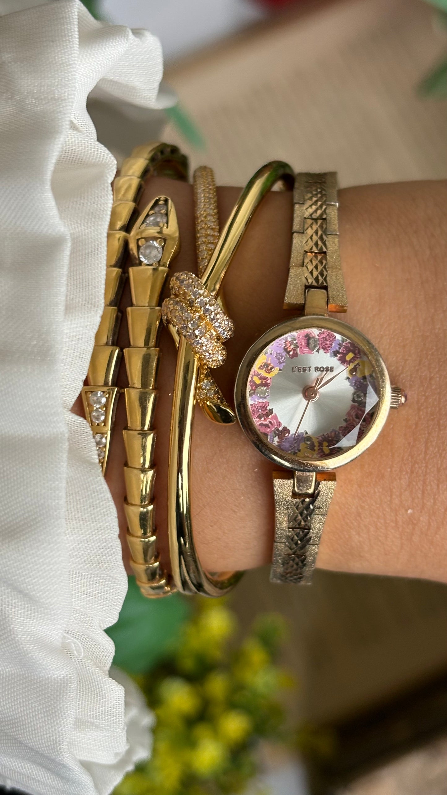 Vintage L'est Rose Watch in Gold Tone Flower Painted Dial