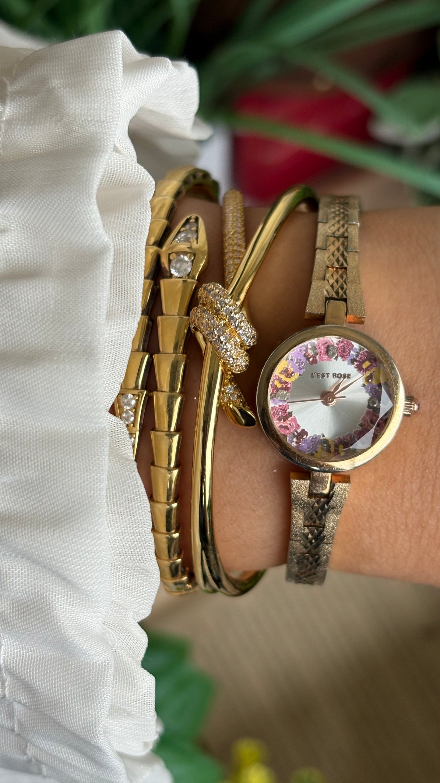 Vintage L'est Rose Watch in Gold Tone Flower Painted Dial