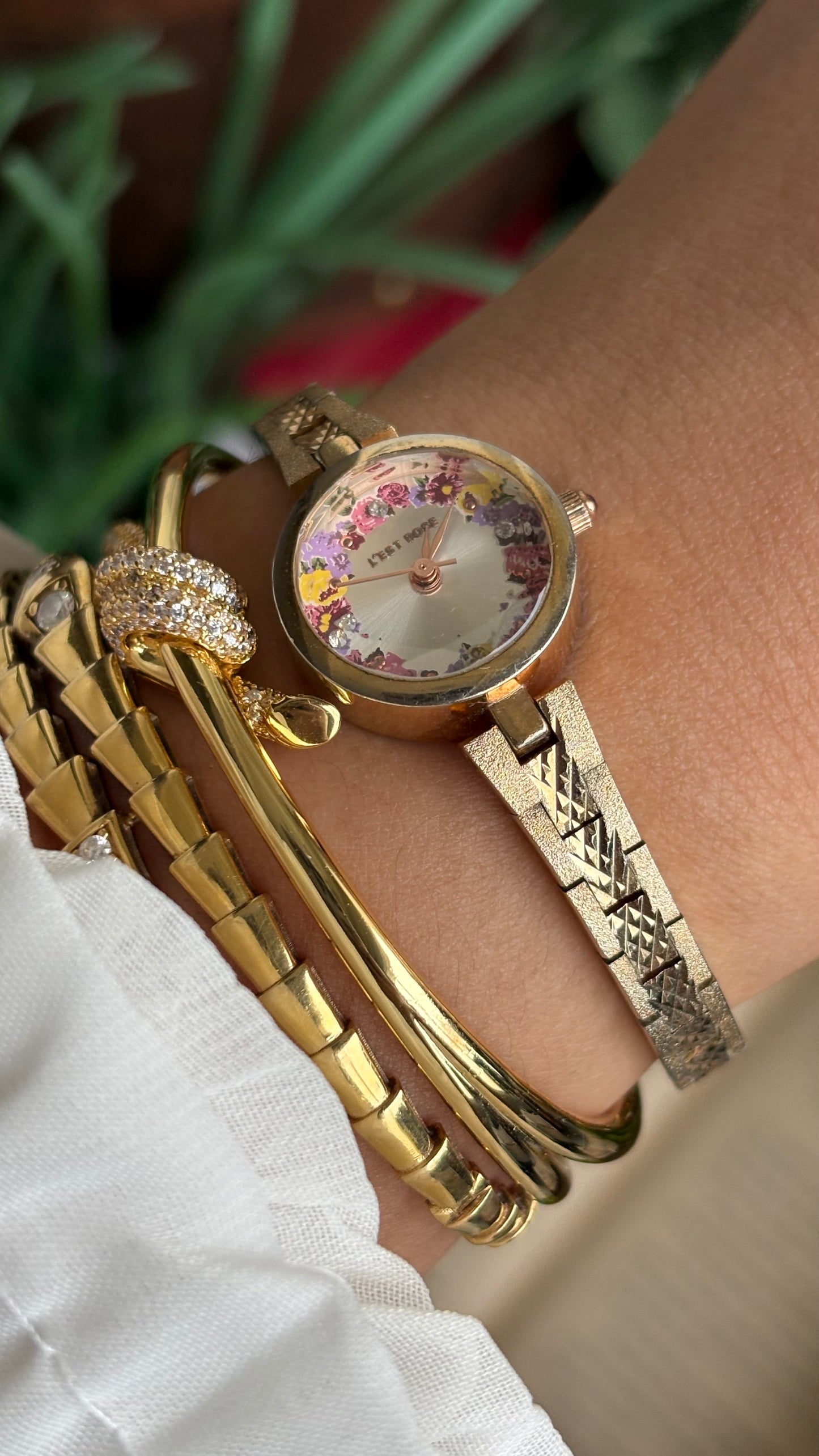 Vintage L'est Rose Watch in Gold Tone Flower Painted Dial
