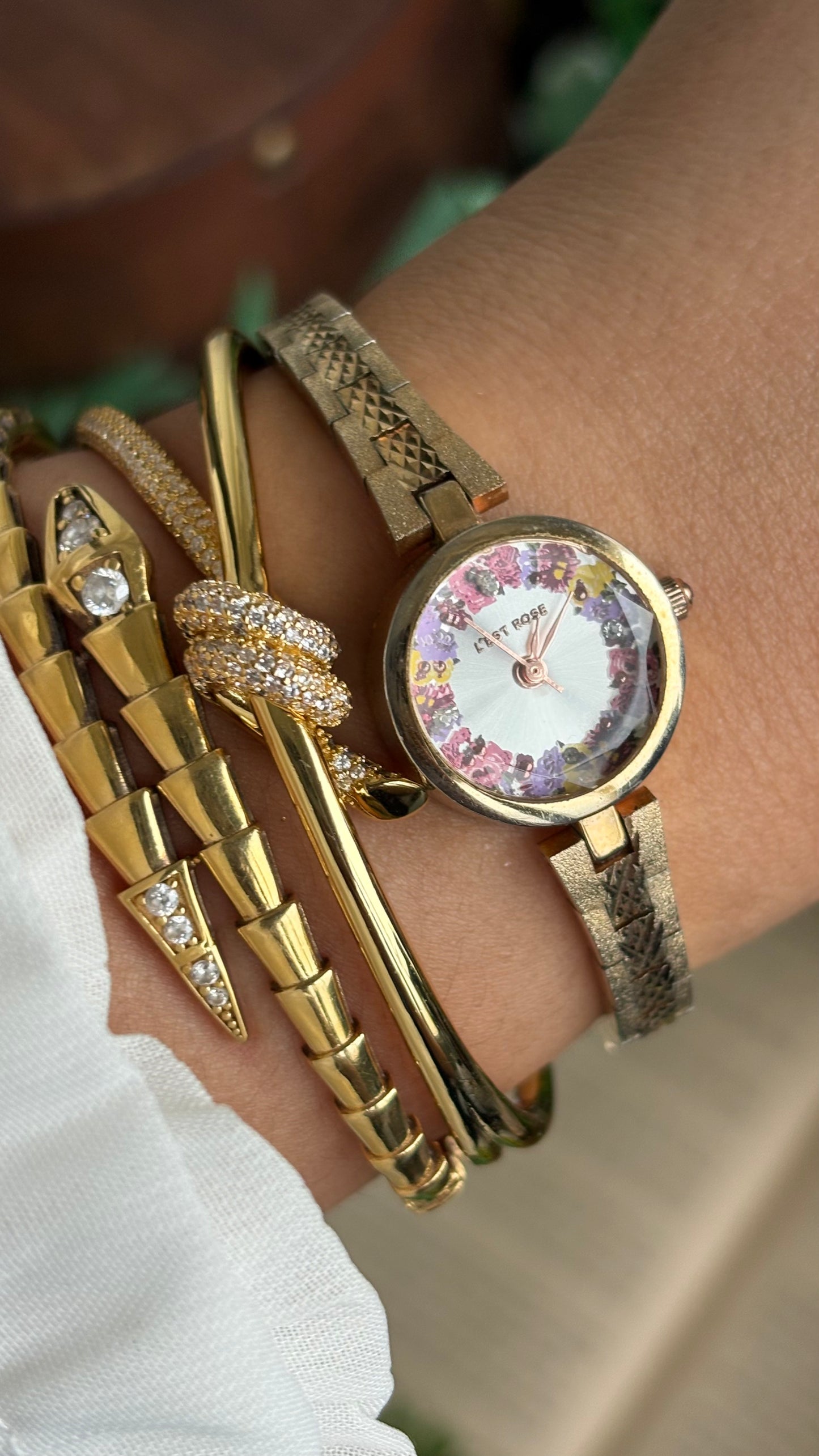 Vintage L'est Rose Watch in Gold Tone Flower Painted Dial