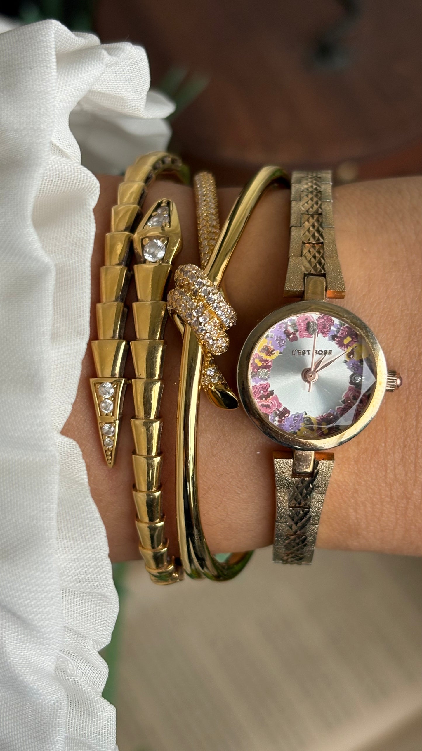 Vintage L'est Rose Watch in Gold Tone Flower Painted Dial