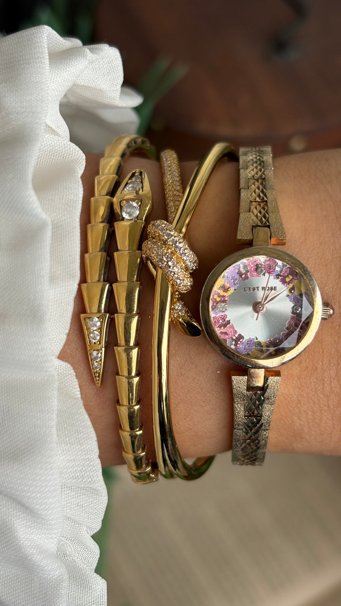 Vintage L'est Rose Watch in Gold Tone Flower Painted Dial