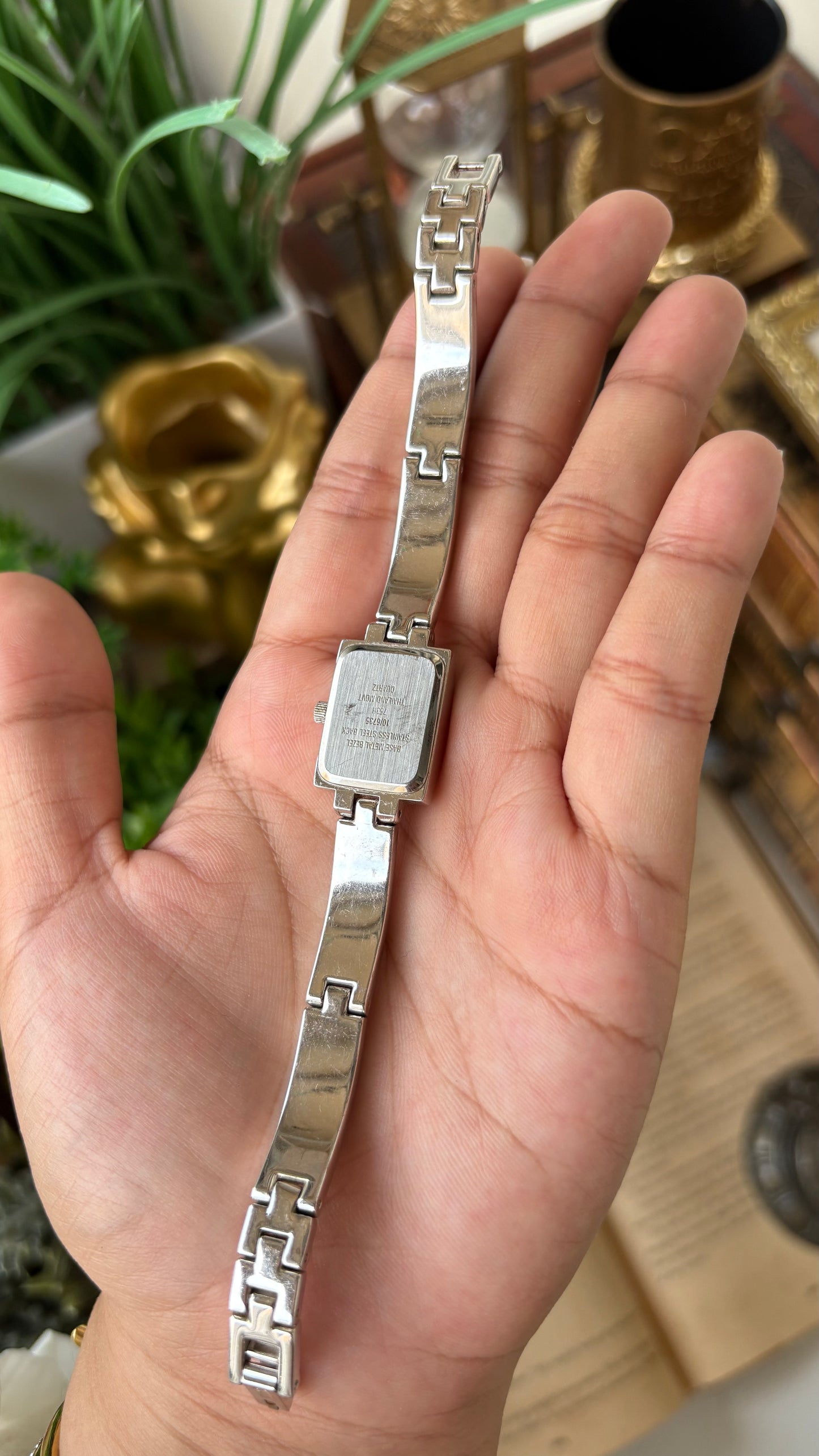 Rare Vintage Dainty Anne Klein Rhinestone Bezel Semi Bangle Watch in Silver Tone Mother of Pearl Dial Quartz