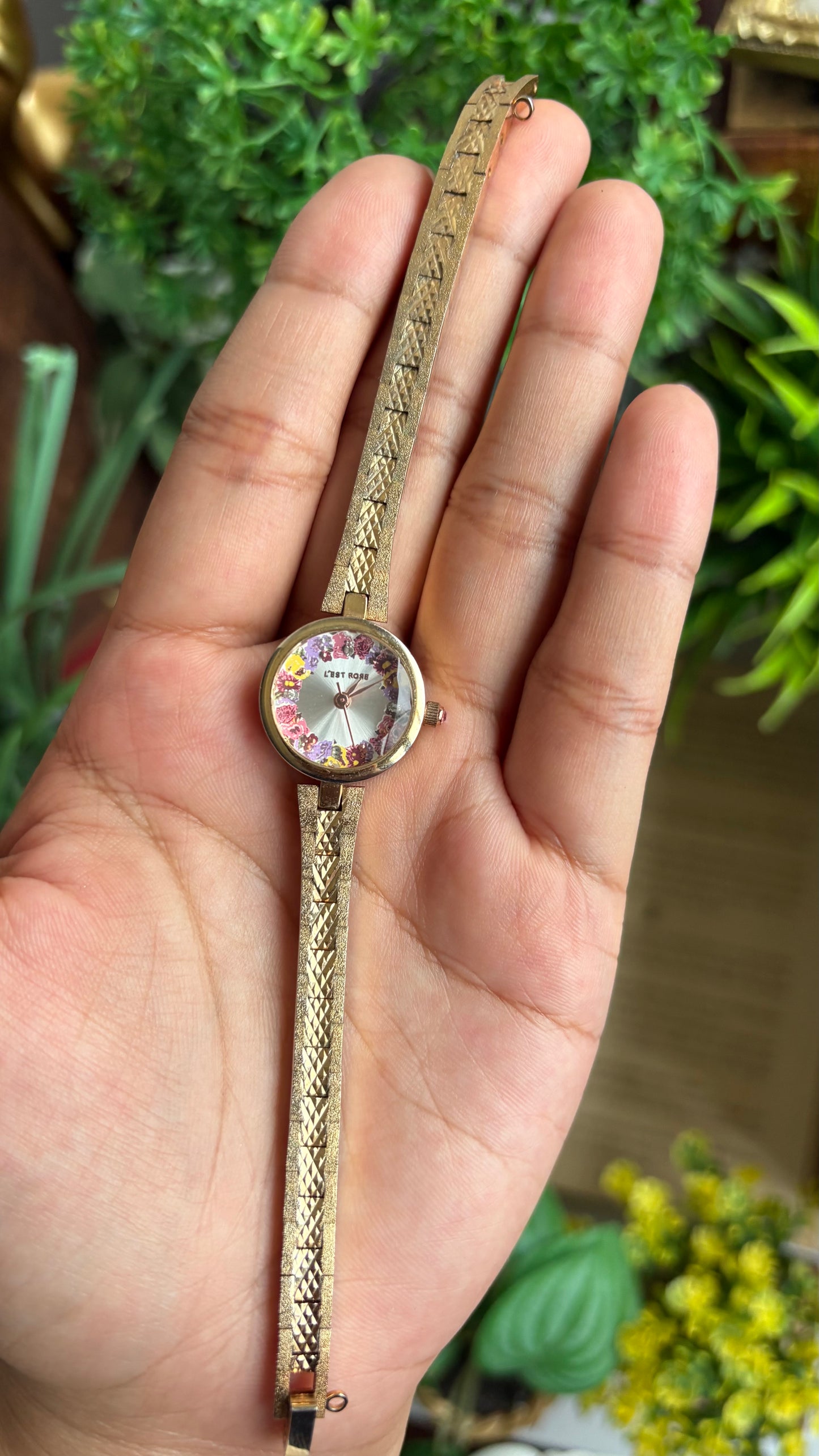 Vintage L'est Rose Watch in Gold Tone Flower Painted Dial