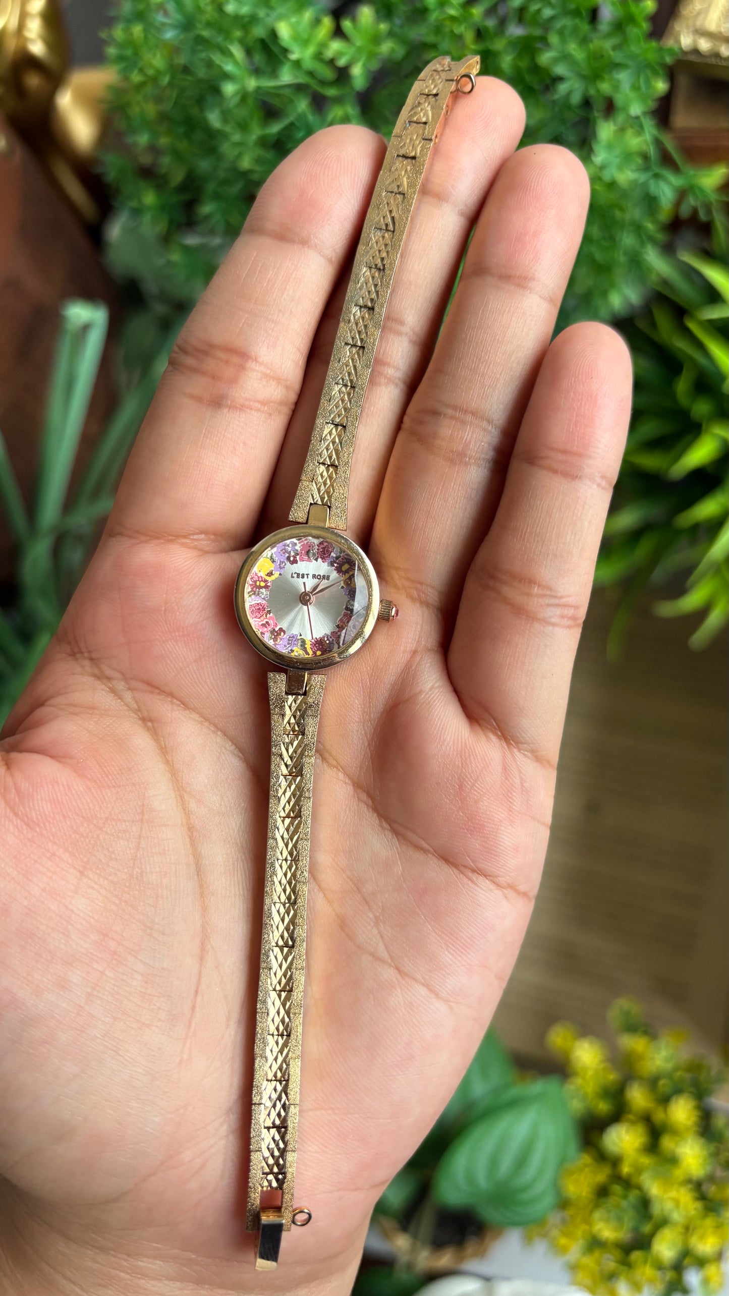 Vintage L'est Rose Watch in Gold Tone Flower Painted Dial