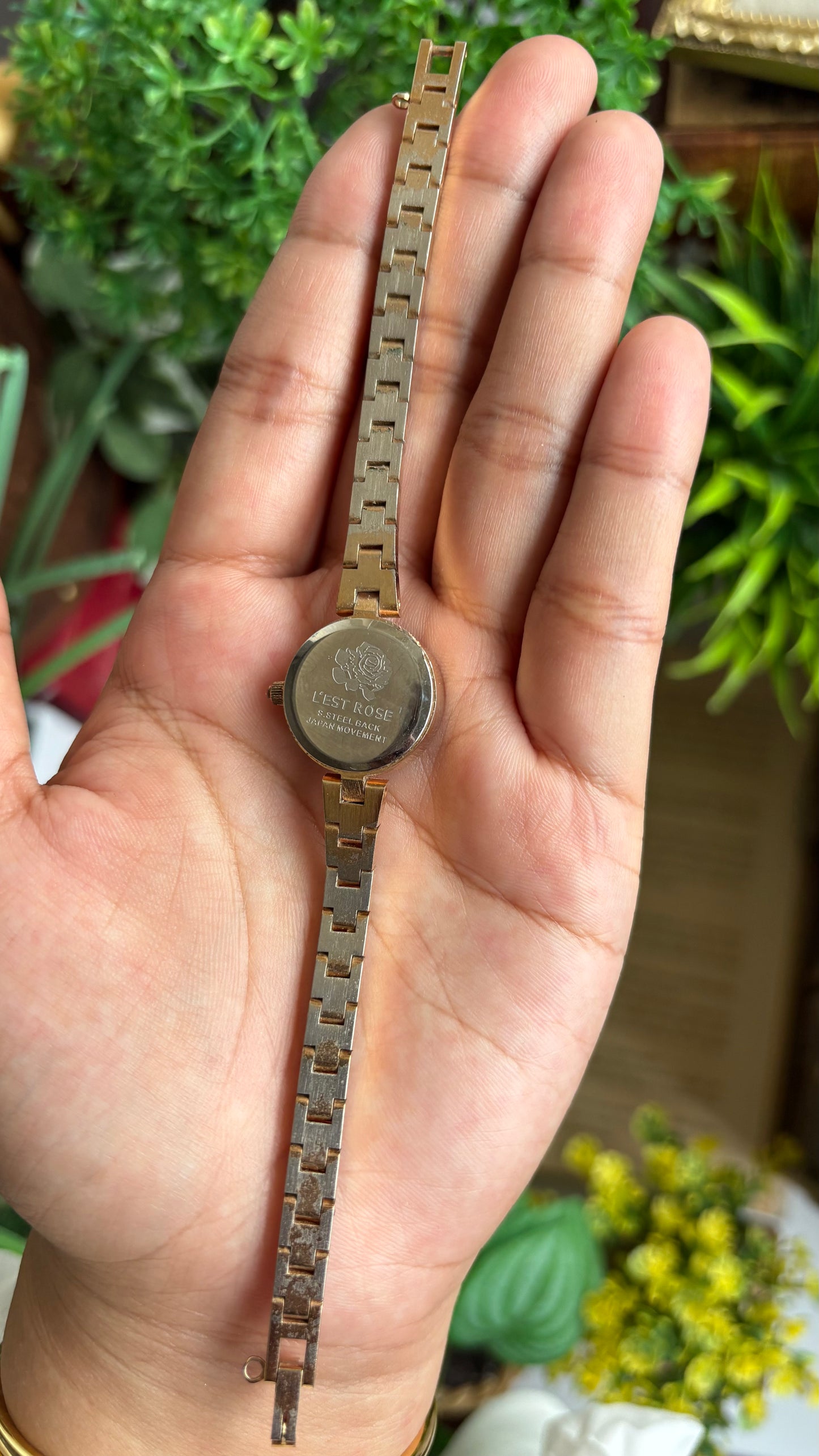 Vintage L'est Rose Watch in Gold Tone Flower Painted Dial