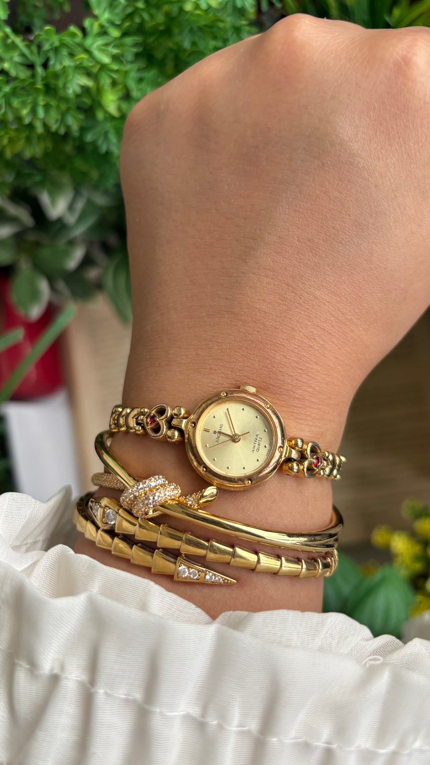 Vintage Junghans Astra Swiss Watch in Gold Tone Heart Straps with Garnet Stones