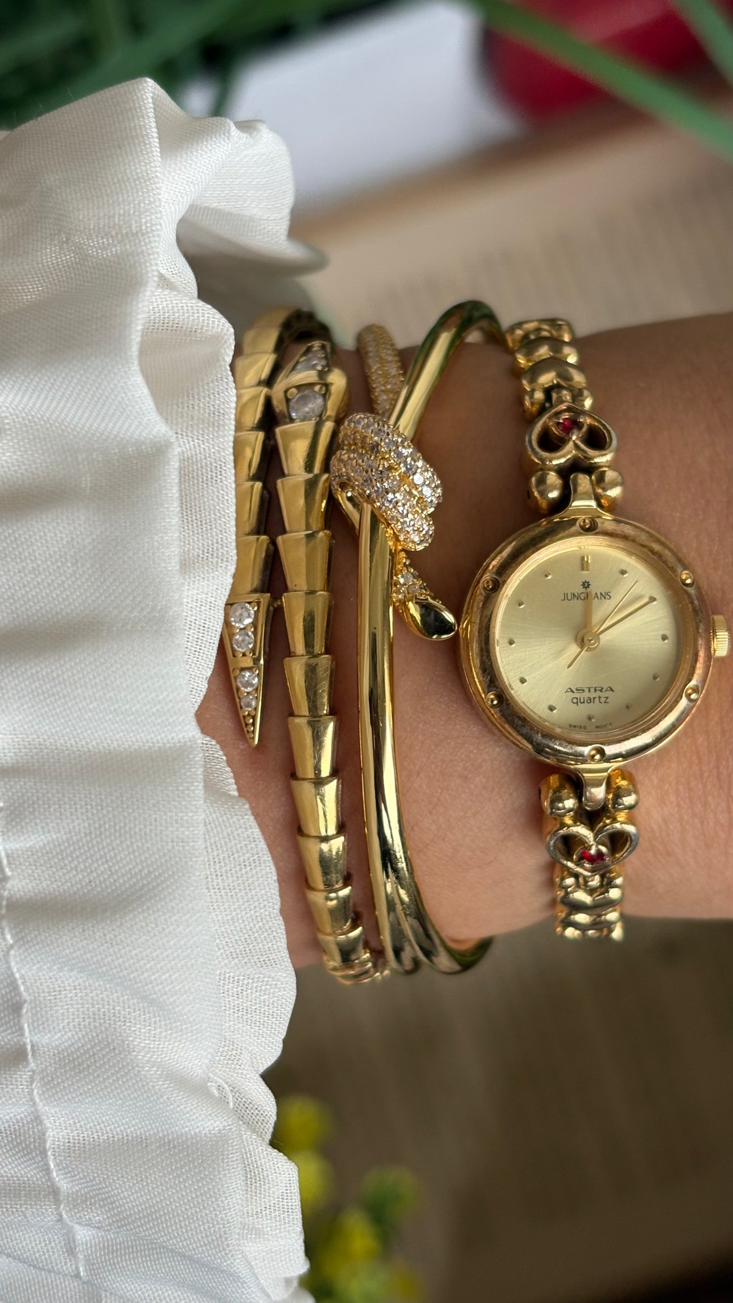 Vintage Junghans Astra Swiss Watch in Gold Tone Heart Straps with Garnet Stones