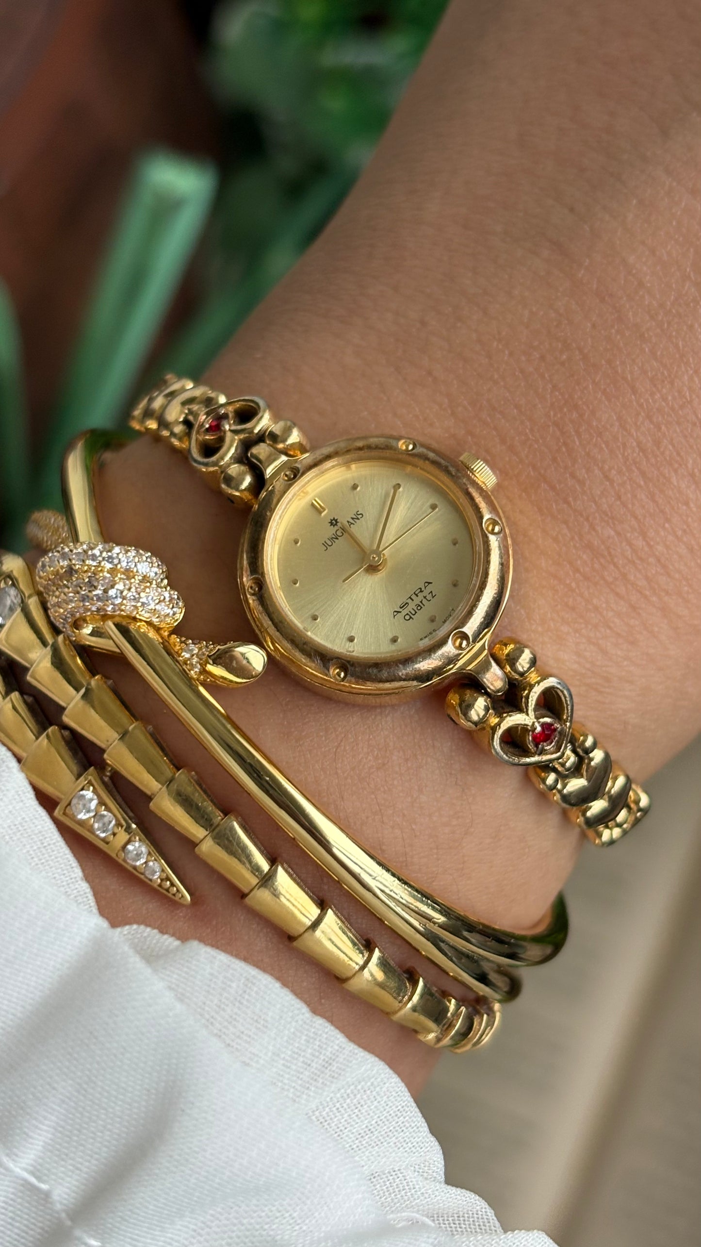 Vintage Junghans Astra Swiss Watch in Gold Tone Heart Straps with Garnet Stones