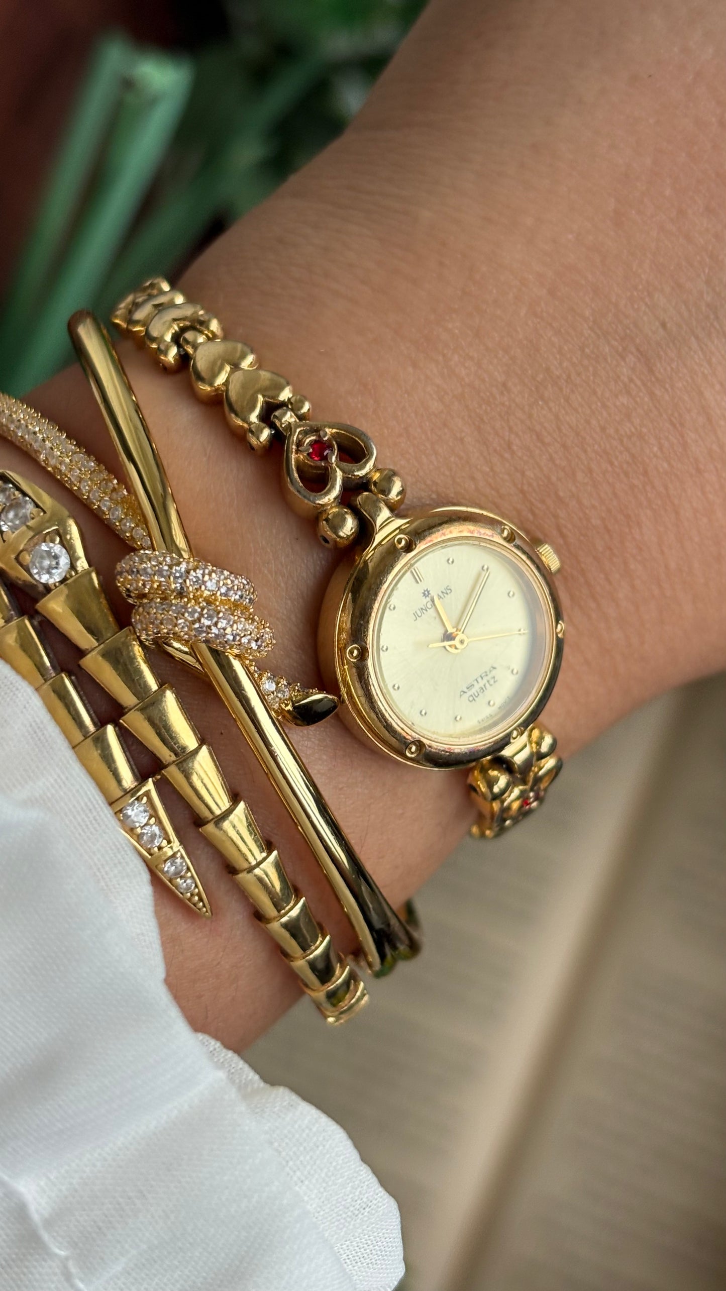 Vintage Junghans Astra Swiss Watch in Gold Tone Heart Straps with Garnet Stones