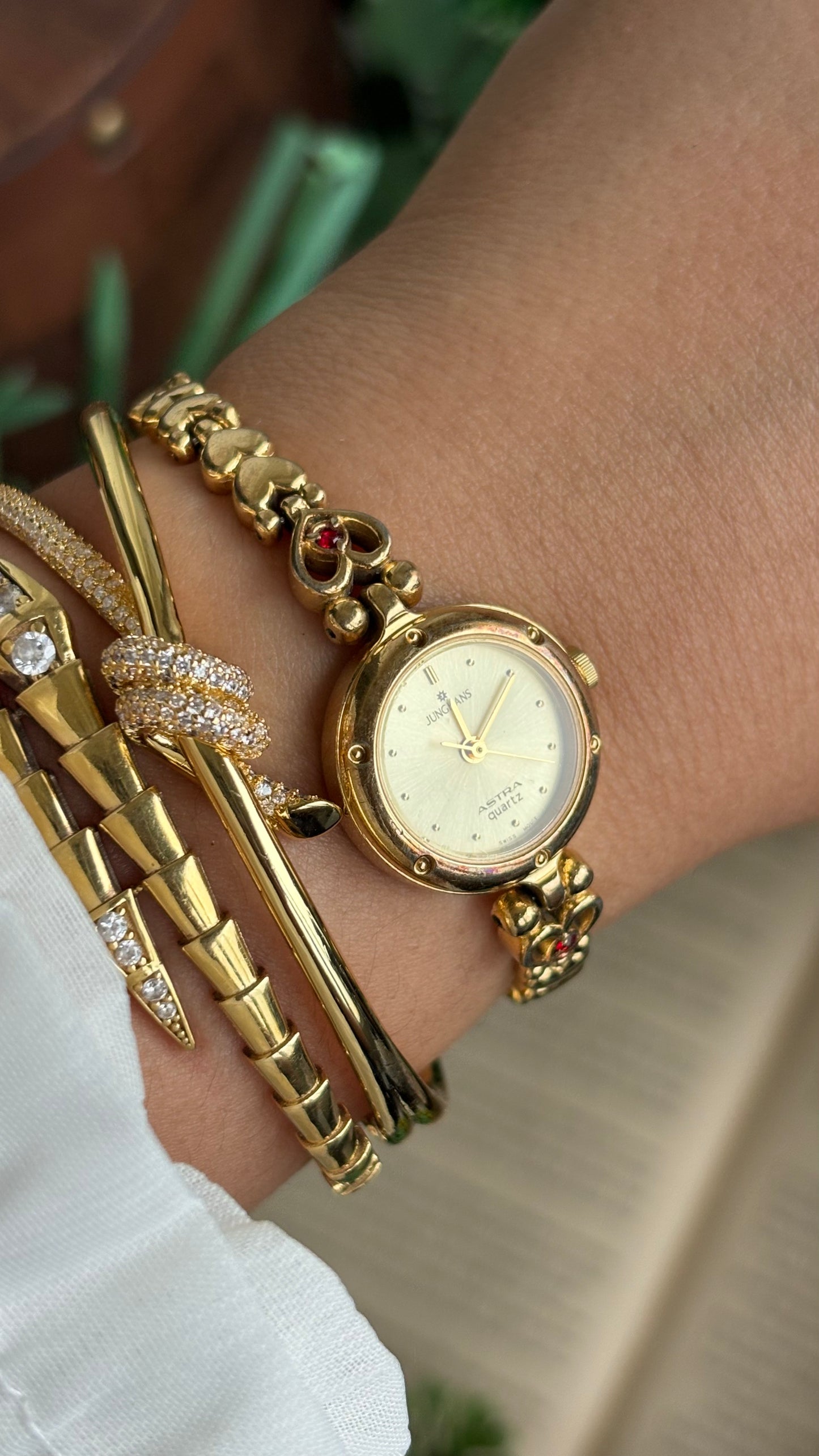 Vintage Junghans Astra Swiss Watch in Gold Tone Heart Straps with Garnet Stones