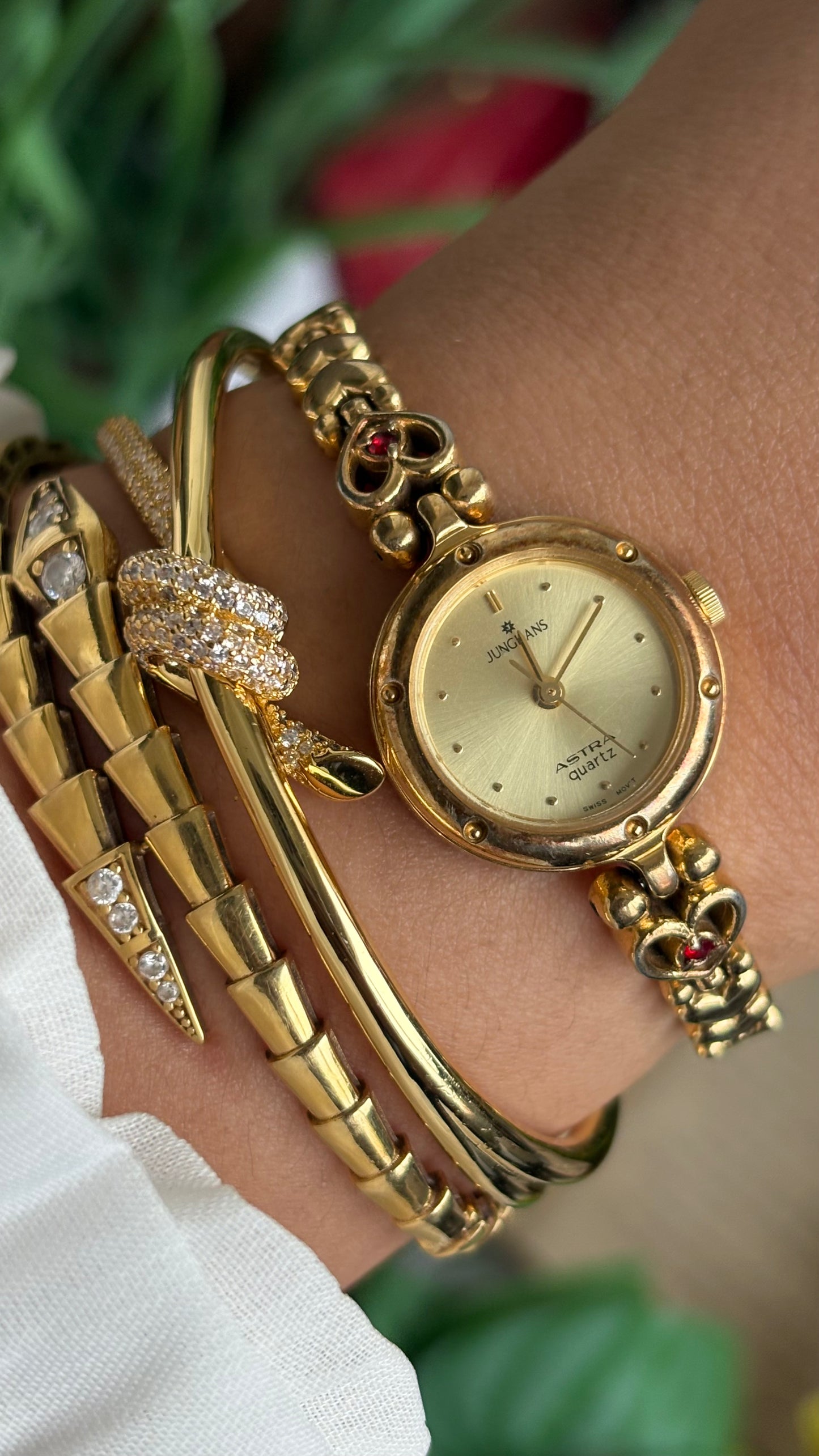 Vintage Junghans Astra Swiss Watch in Gold Tone Heart Straps with Garnet Stones