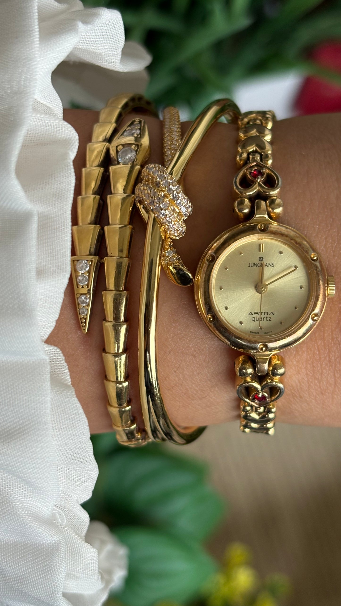 Vintage Junghans Astra Swiss Watch in Gold Tone Heart Straps with Garnet Stones