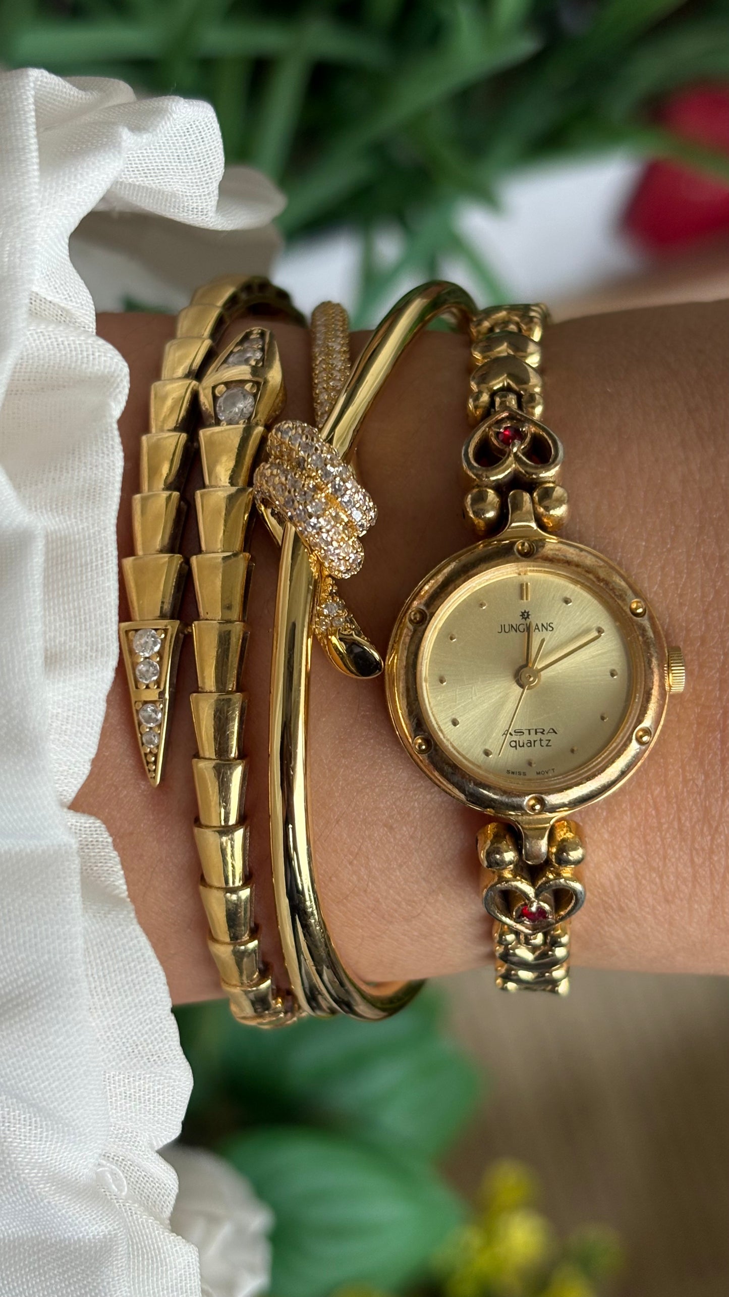 Vintage Junghans Astra Swiss Watch in Gold Tone Heart Straps with Garnet Stones