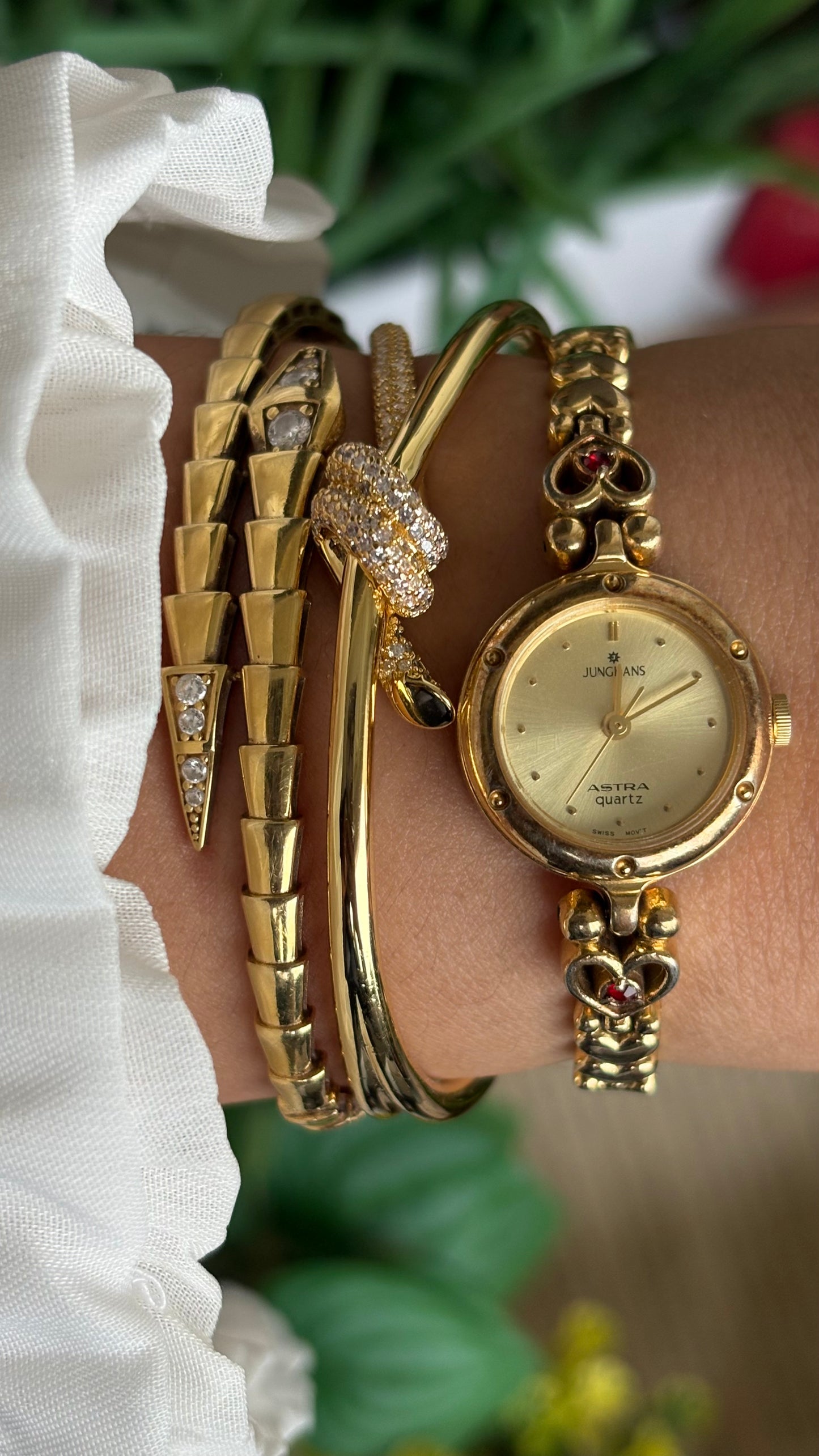 Vintage Junghans Astra Swiss Watch in Gold Tone Heart Straps with Garnet Stones