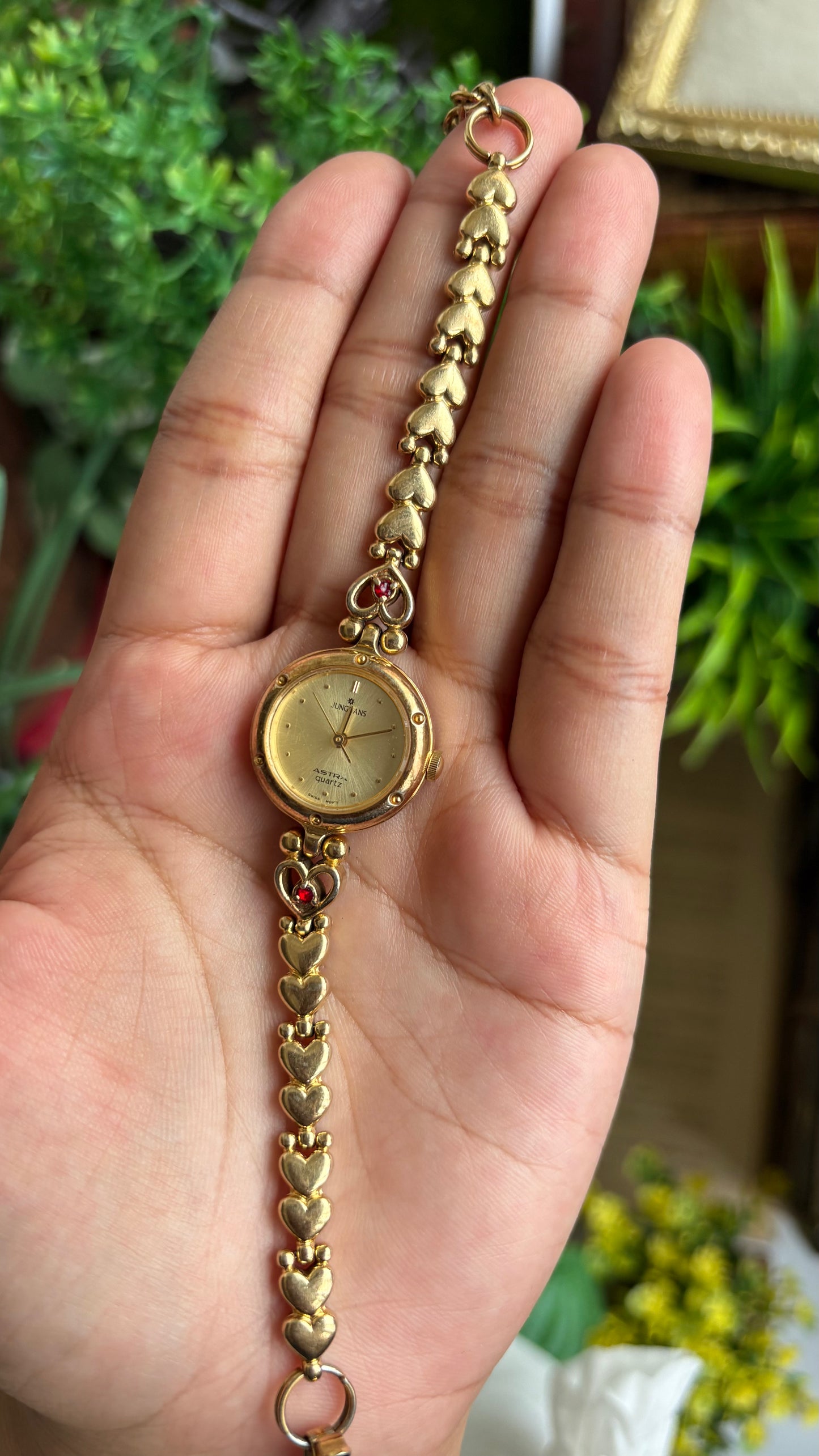 Vintage Junghans Astra Swiss Watch in Gold Tone Heart Straps with Garnet Stones