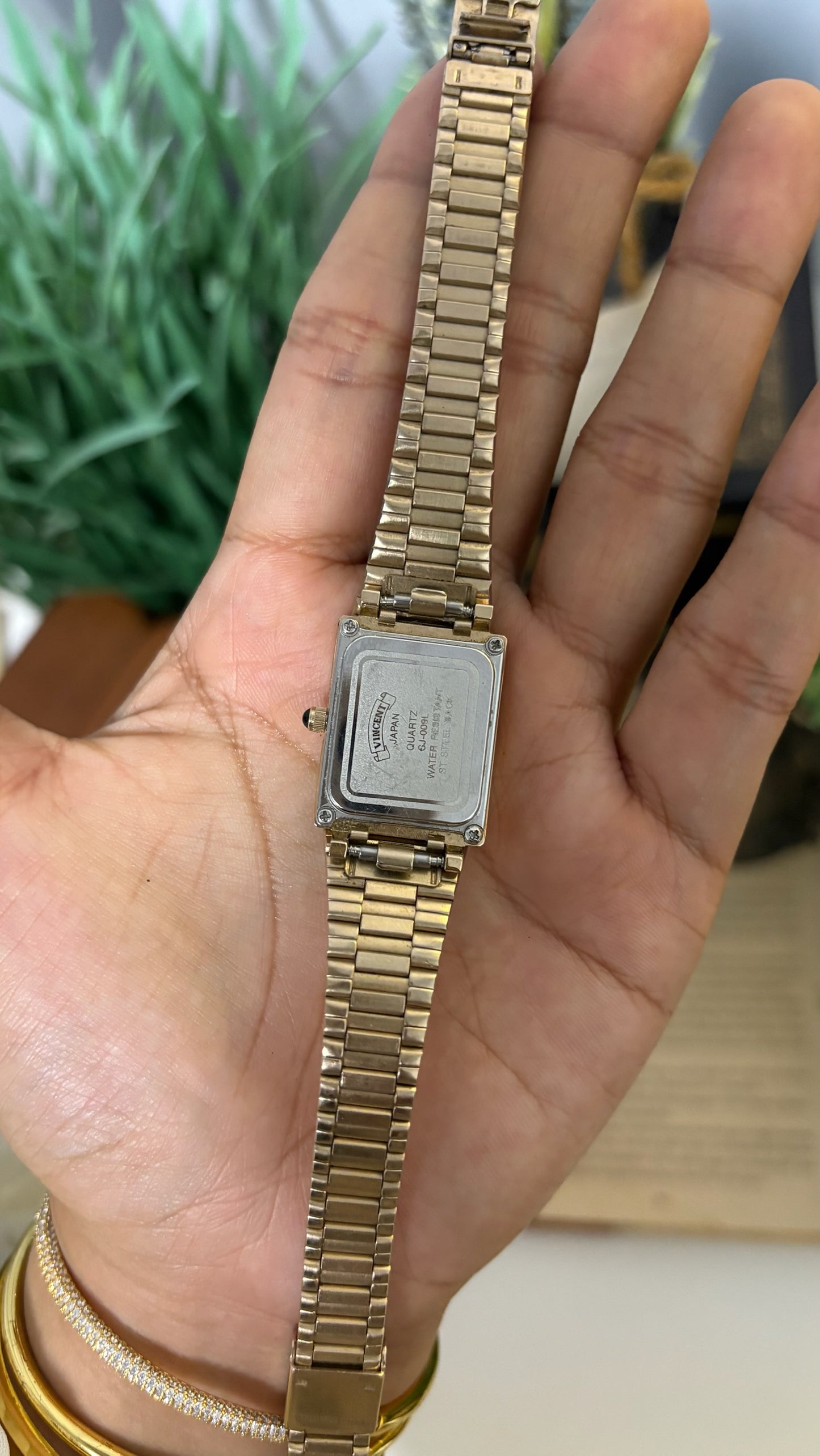 Vintage Vincent Rectangular Face Watch with Flat Link Bracelet in Gold Tone Quartz