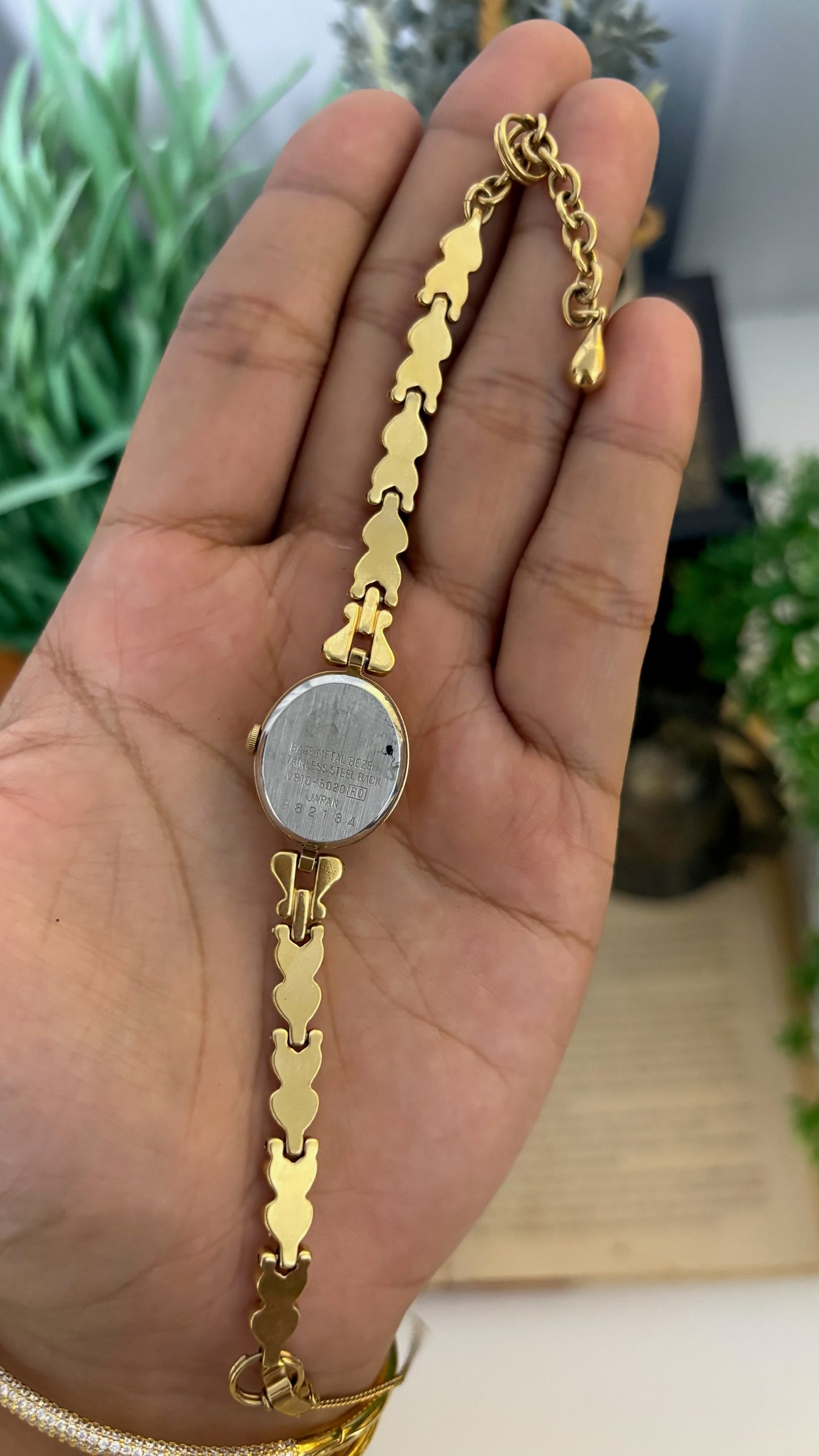 Vintage Alba Oval Dress Watch with Heart Link Chain and Red Stone Accents in Gold Tone Quartz