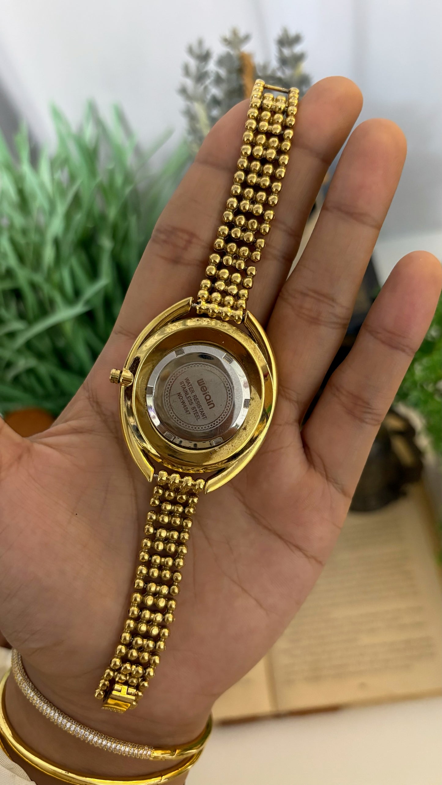 Vintage Weiqin Floating Crystal Ring Watch with Multi-Bead Bracelet in Gold Tone Quartz