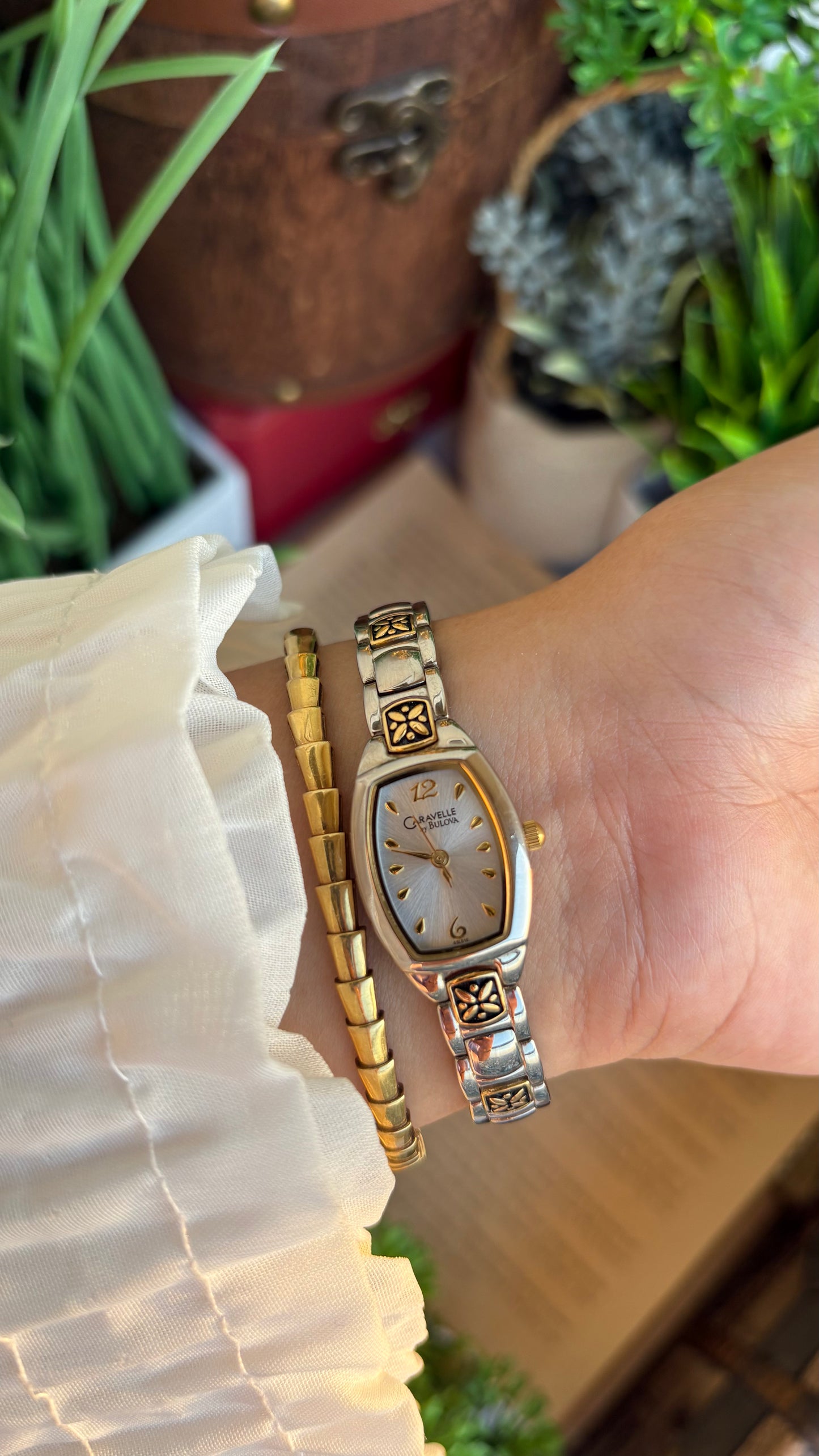 Vintage Caravelle by Bulova Watch in Two-Tone with Beautiful Art on Bracelet