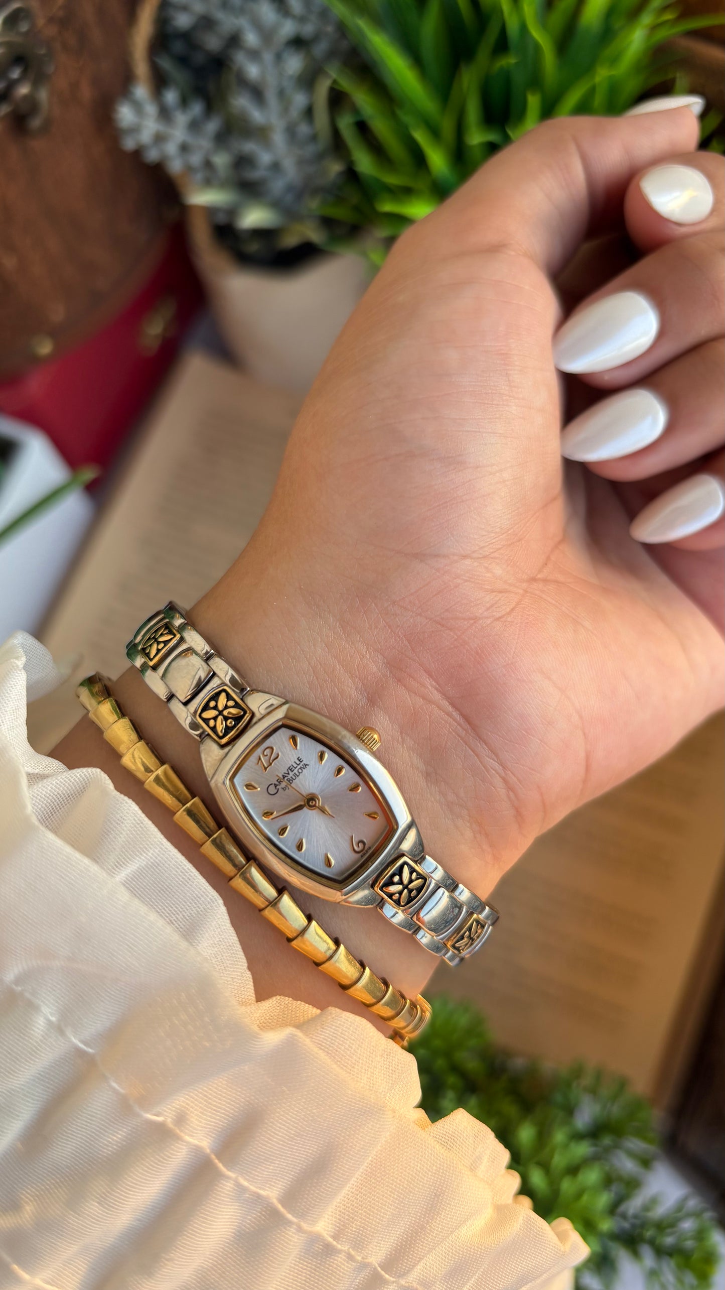 Vintage Caravelle by Bulova Watch in Two-Tone with Beautiful Art on Bracelet