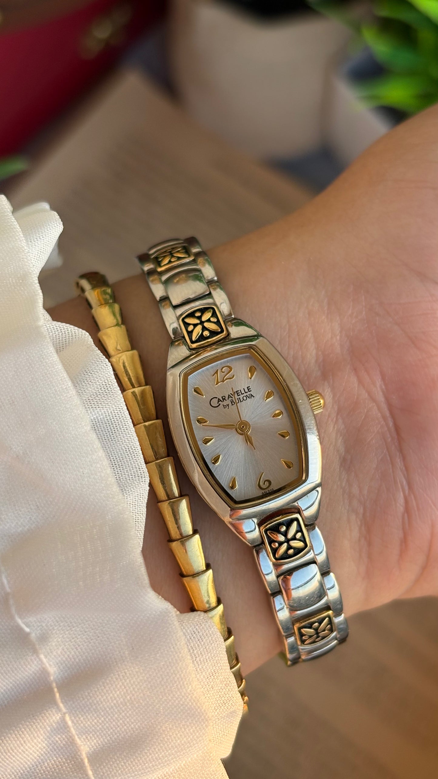 Vintage Caravelle by Bulova Watch in Two-Tone with Beautiful Art on Bracelet