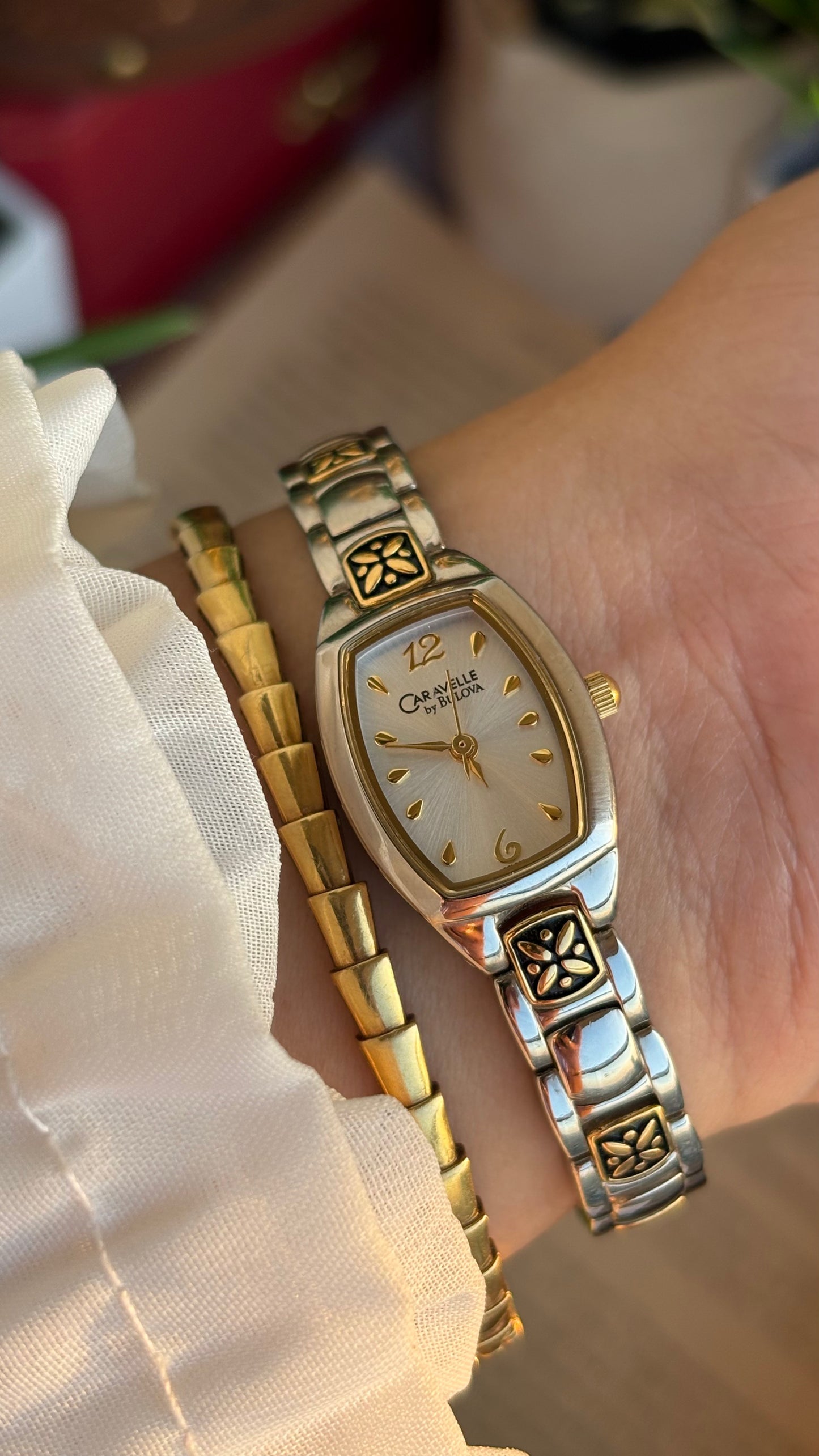 Vintage Caravelle by Bulova Watch in Two-Tone with Beautiful Art on Bracelet