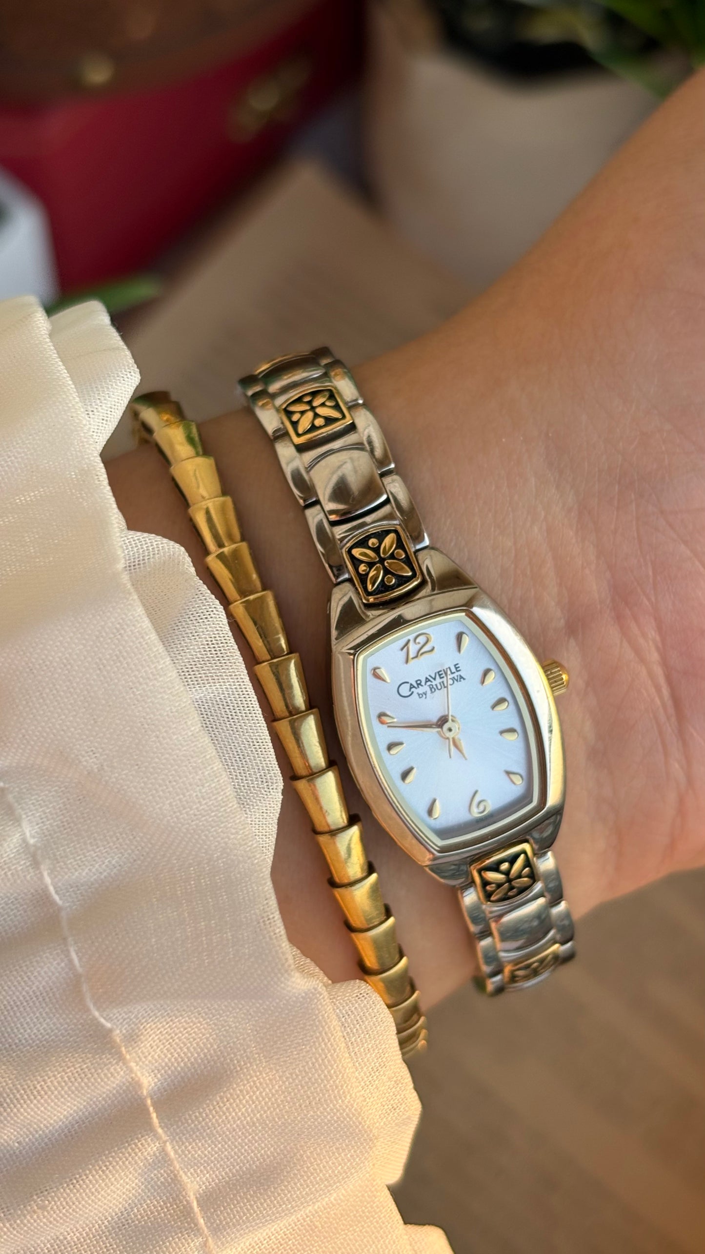 Vintage Caravelle by Bulova Watch in Two-Tone with Beautiful Art on Bracelet